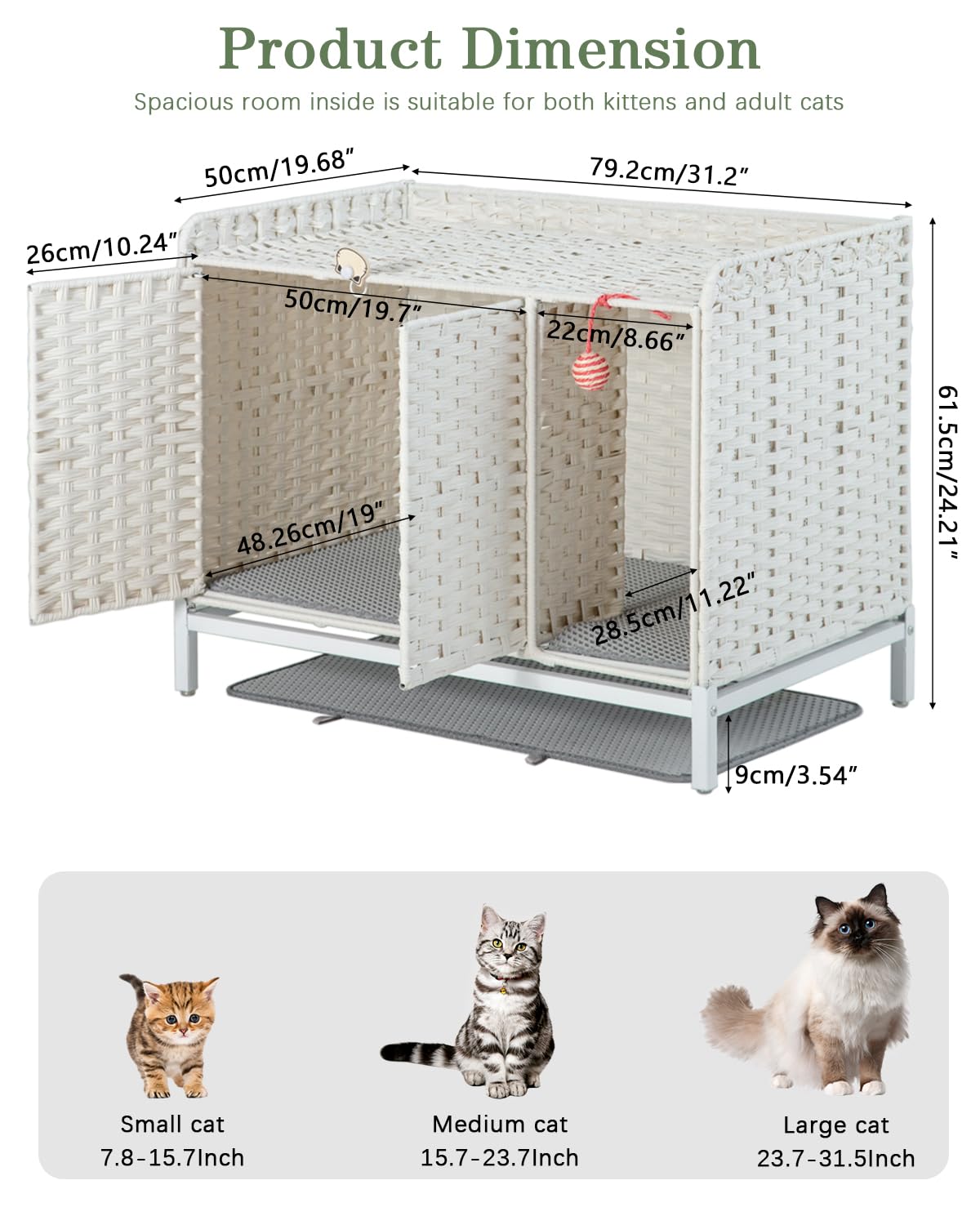 Setvson Cat Litter Box Enclosure Furniture - Hidden With Mat, 31.219.624.2 Inches Handwoven Rattan House End Table With Metal He