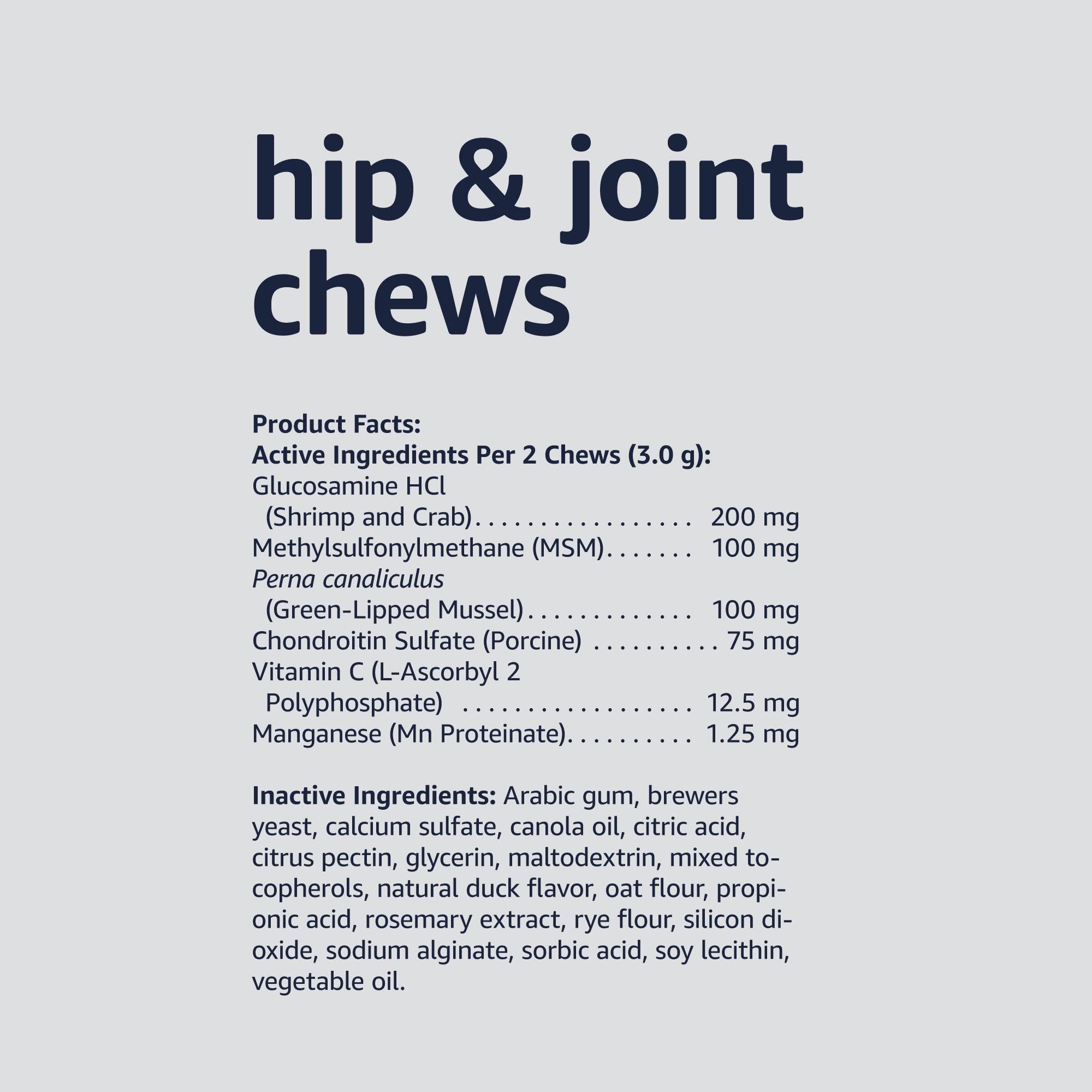 Amazon Basics Dog Hip & Joint Daily Supplement Chews with Glucosamine, MSM, and Vitamin C, Duck Flavored, 120 Count (Previously