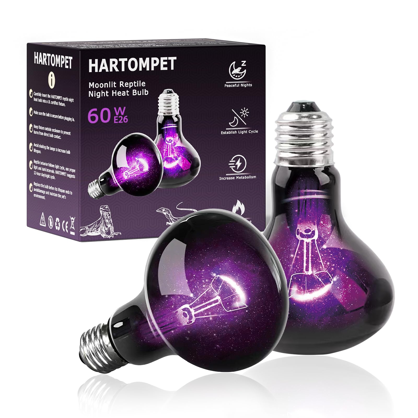 HARTOMPET 60W Reptile Night Light Bulb, UVA Heat Lamp - Simulate Natural Moonlight, Purple Basking Lamp for Bearded Dragon, Liza