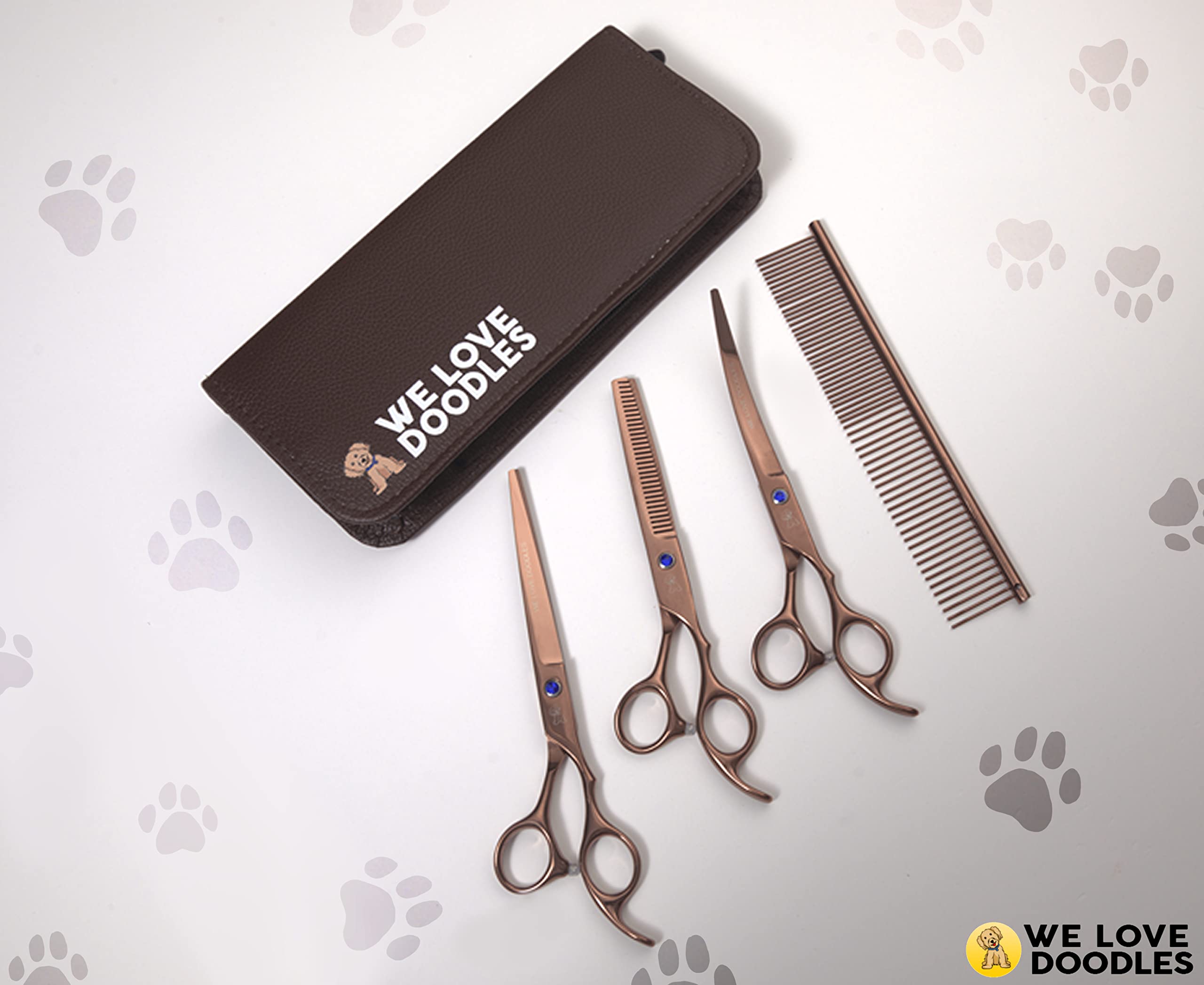 Dog Grooming Scissors Kit - Best Tools For Goldendoodles, Poodles & Doodles - Straight, Curved & Thinning Shears - Golden Doodle