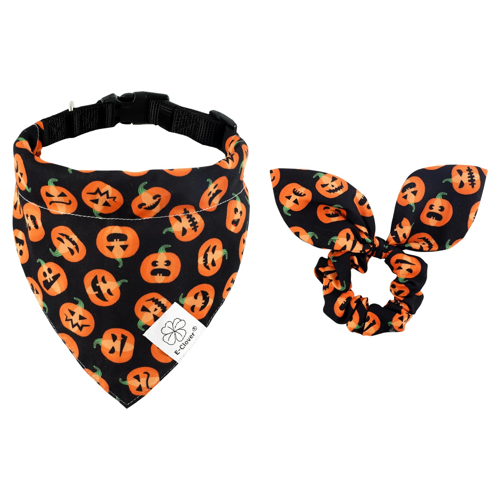 E-Clover Halloween Dog Collar - Pumpkin Dog Collar Bandana & Matching Scrunchie Adjustable Dog Collars Girl Boy For Xs Small Dog