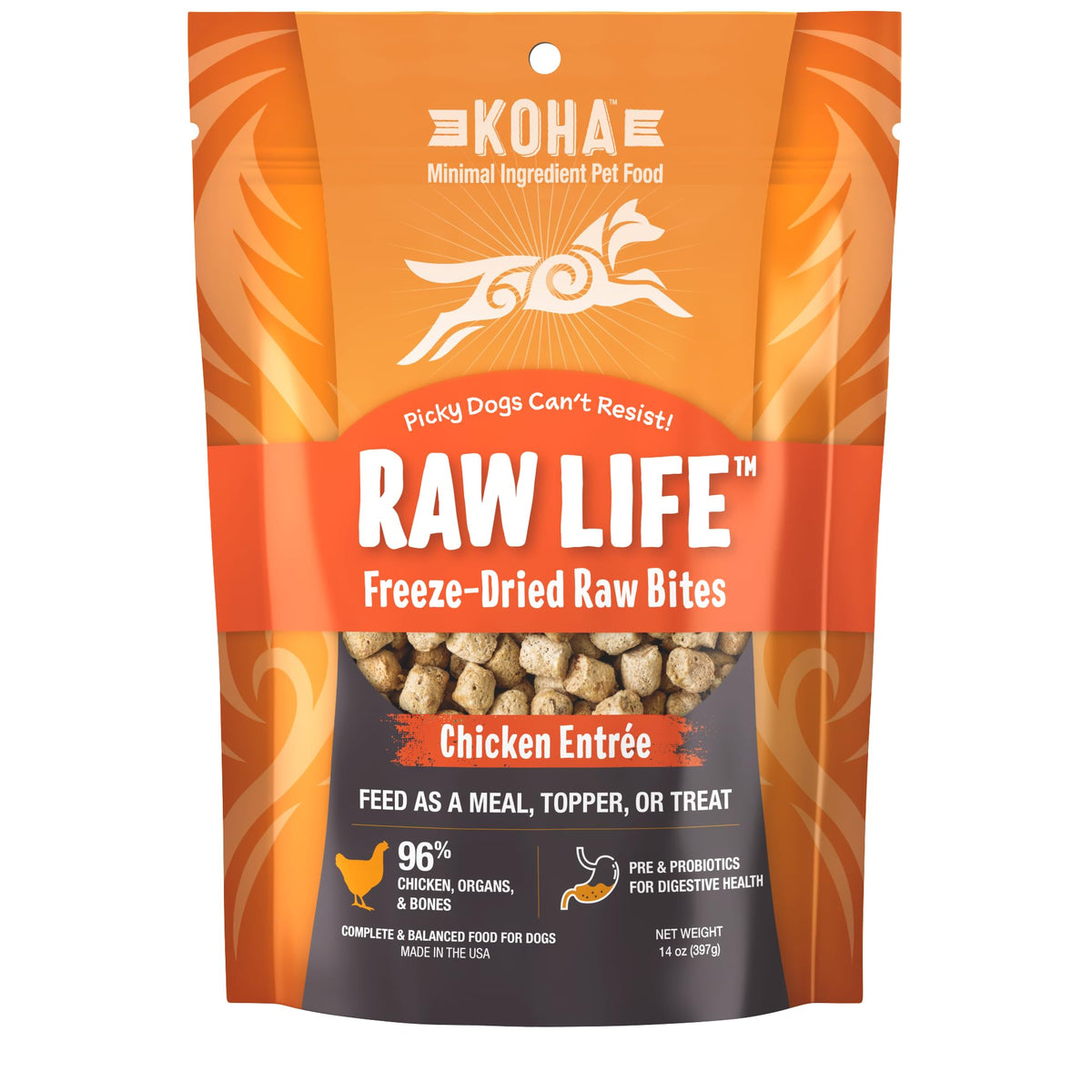 Koha Raw Life Freeze-Dried Raw Bites Chicken For Dogs, High Protein Meal, Topper, And Treat For Picky Eaters, 14Oz Bag