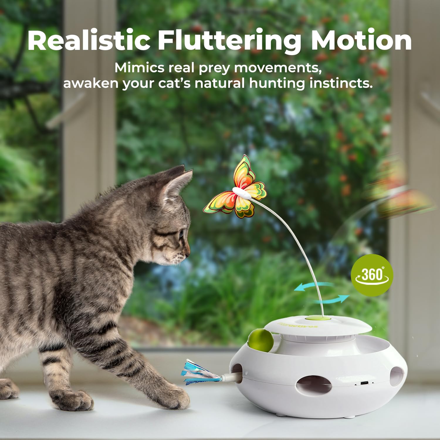 All For Paws 3 In 1 Interactive Cat Butterfly Flutter Toy With Rolling Balls And Popping Feather Toy Automatic Spinner - Mental