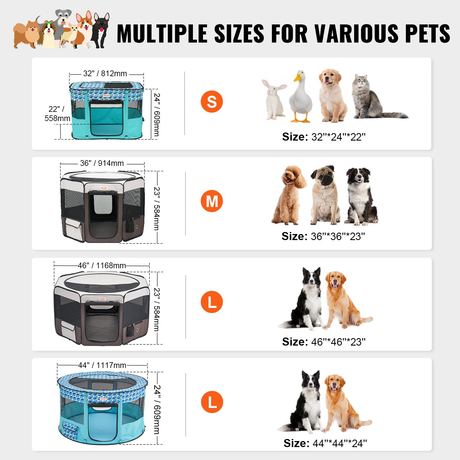 VEVOR Foldable Pet Playpen, 46 inch Portable Dog Playpen, Crate Kennel for Puppy, Dog, Cat, Premium Waterproof 600D Oxford Cloth