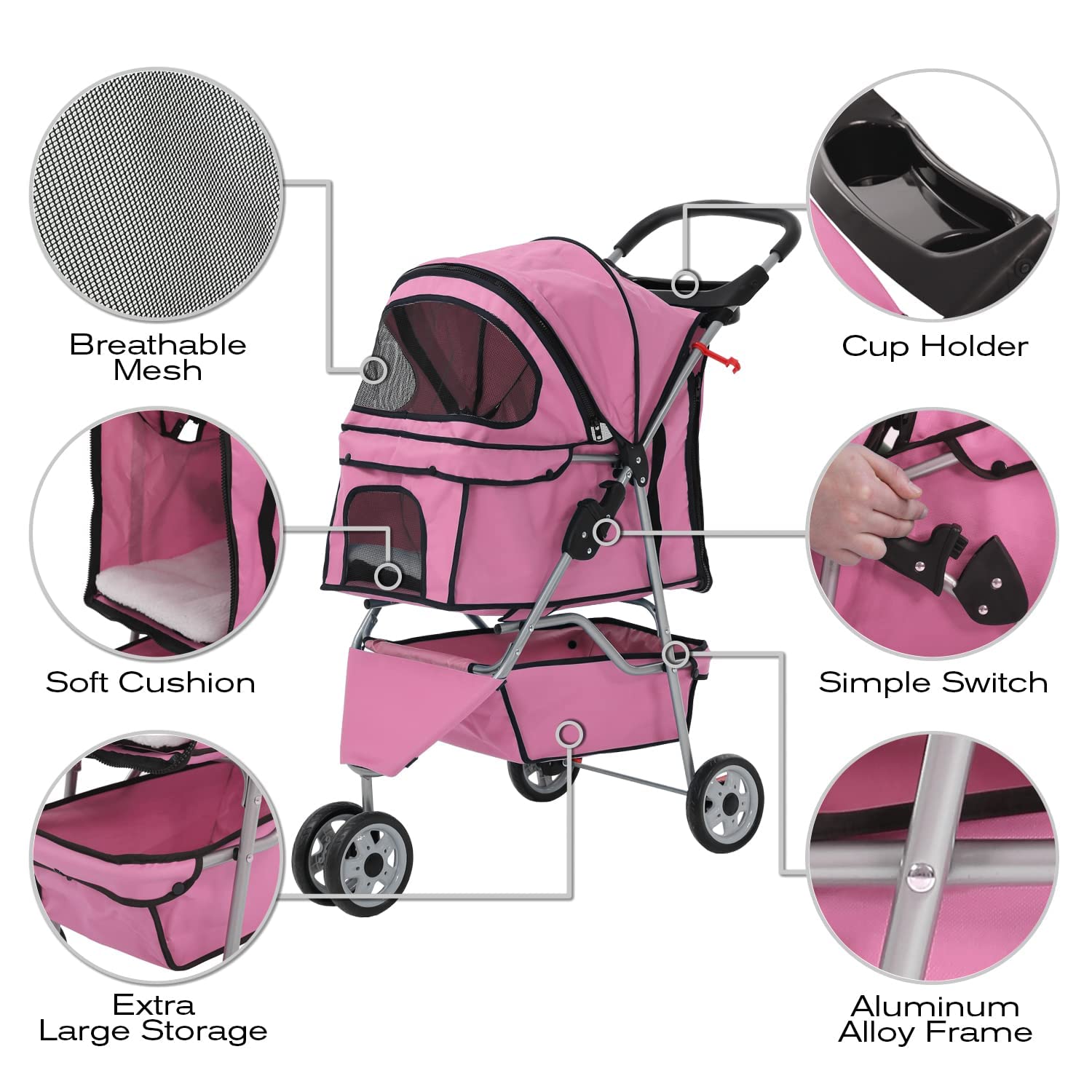 Hcy Folding Dog Stroller, 3 Wheels Pet Strollers Pet Gear For Small Medium Cats Dogs Puppy With Storage Basket, Cup Holder,Lightweight-Pink, 35.04Inchx 17.32Inchx 38.58Inch