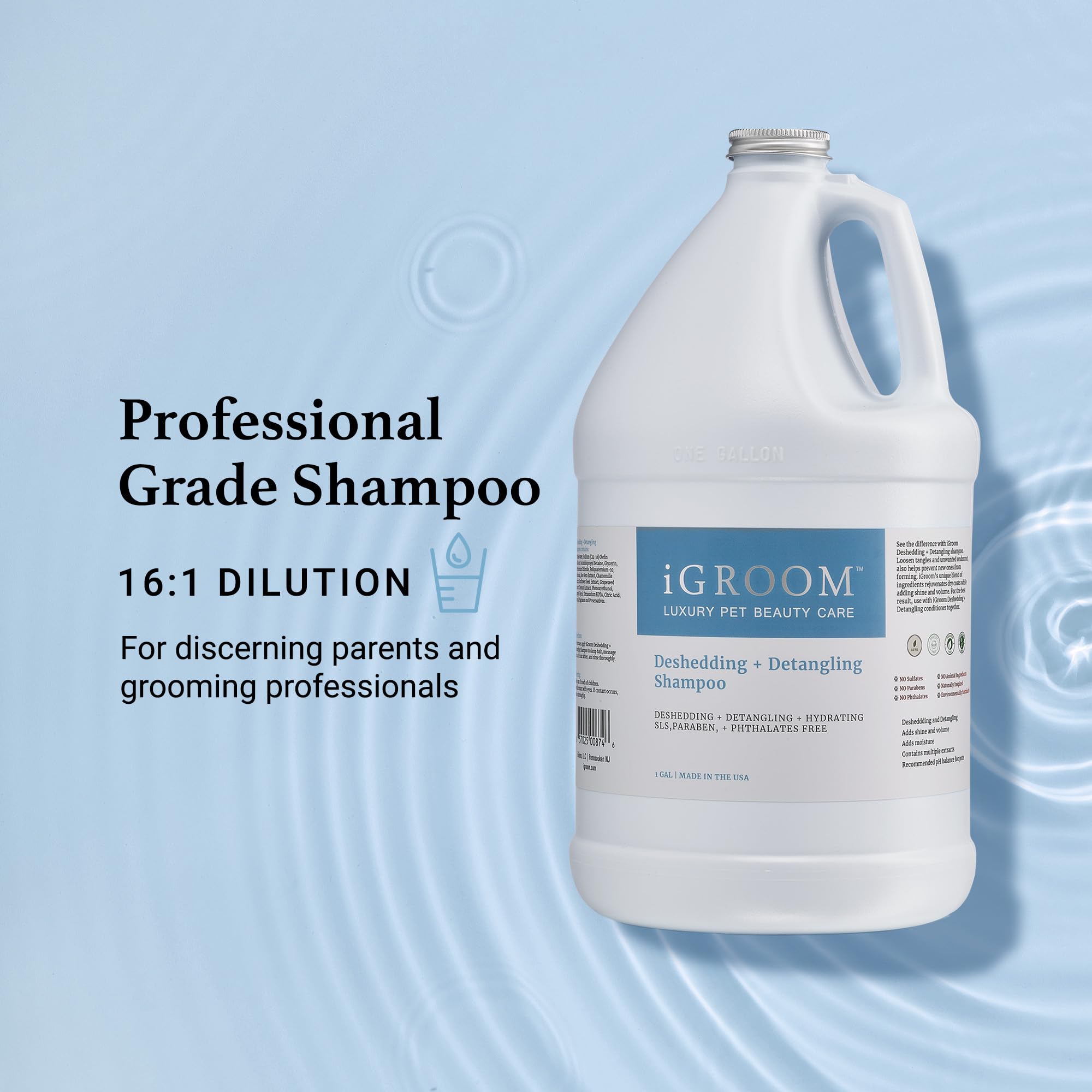 Igroom Deshedding & Detangling Dog Shampoo, Luxury Pet Beauty Care, Loosen Tangles + Unwanted Undercoat, Adds Shine + Volume, Made In Usa (1 Gal)