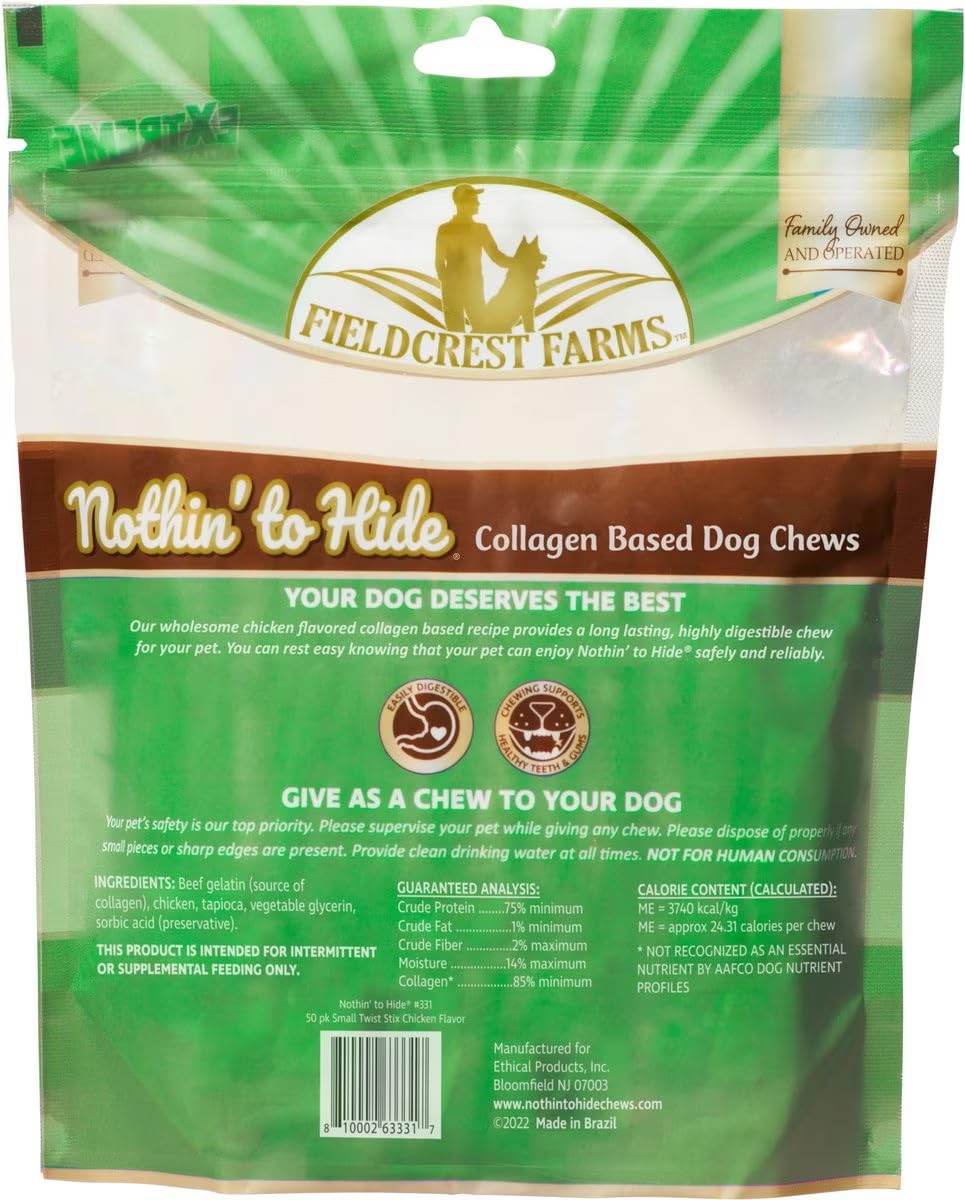 Fieldcrest Farms Nothing to Hide Natural Rawhide Alternative Small Twist Stix for Dogs -50 Pack - All Natural Easily Digestible
