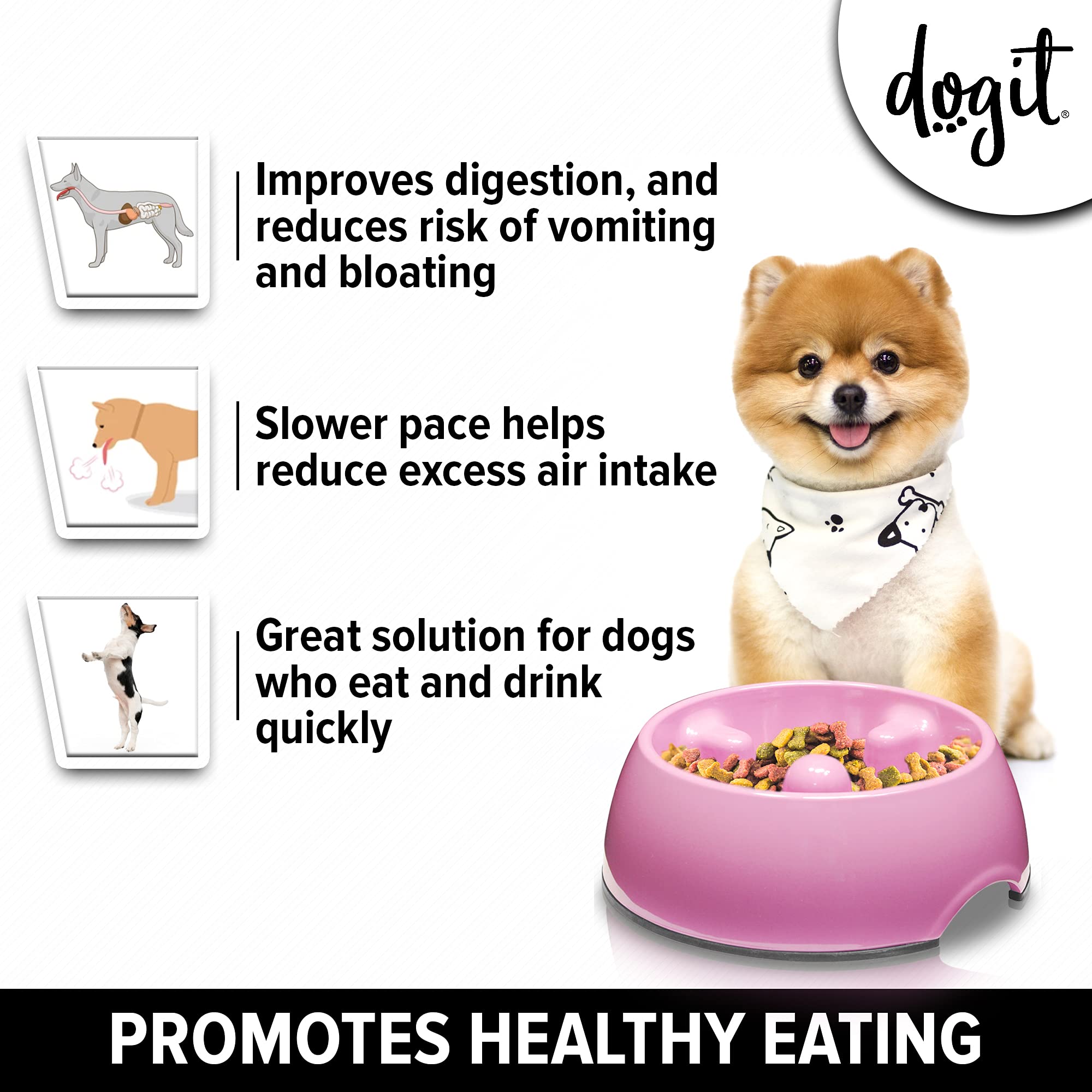 Dogit Go Slow Anti-Gulping Dog Dish, Small Pink Plastic Bowl for Wet/Dry Food, Model 73708