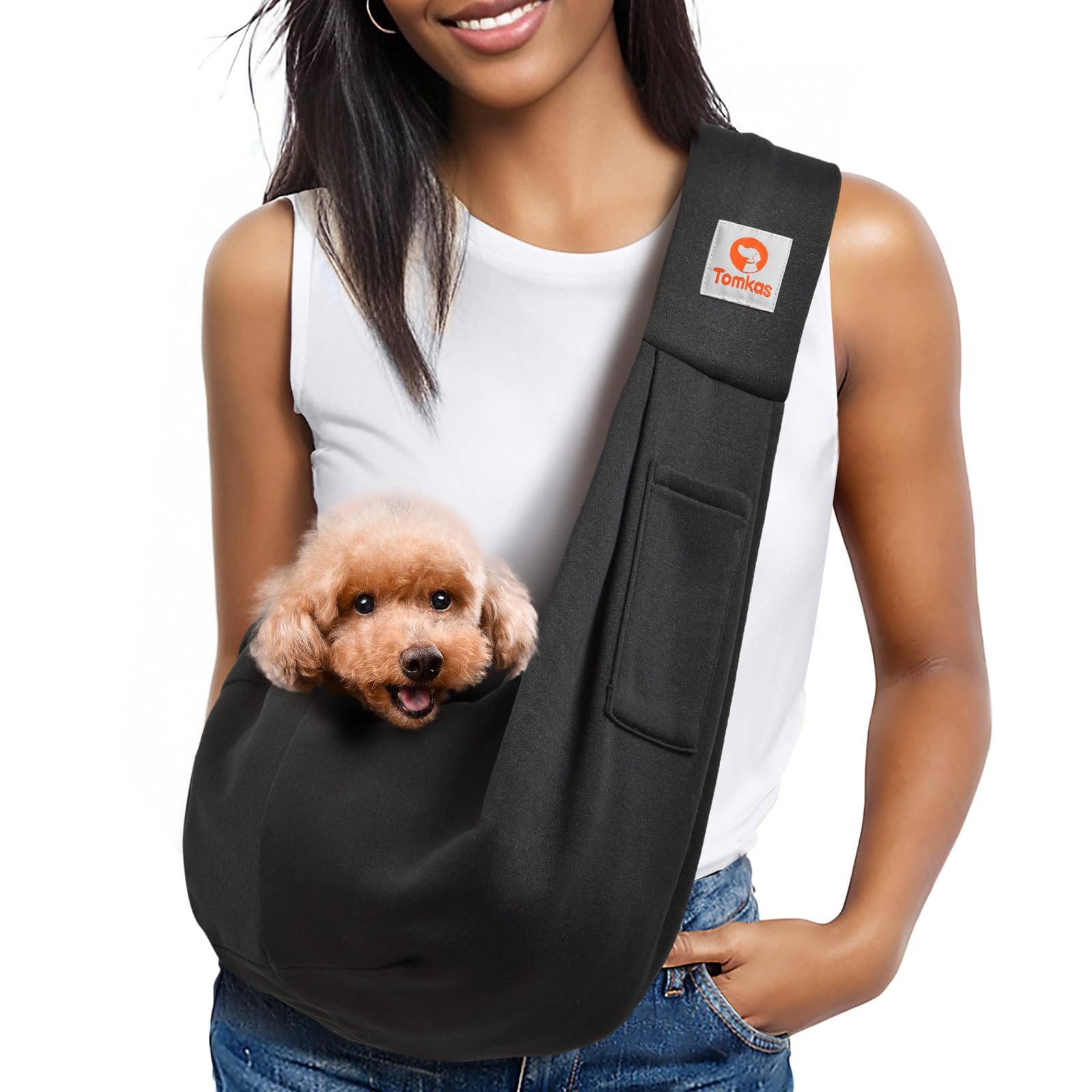 Tomkas Small Dog Sling Carrier - Classic Strap & Classic Pocket - For 3-10 Lbs Pets(Black)