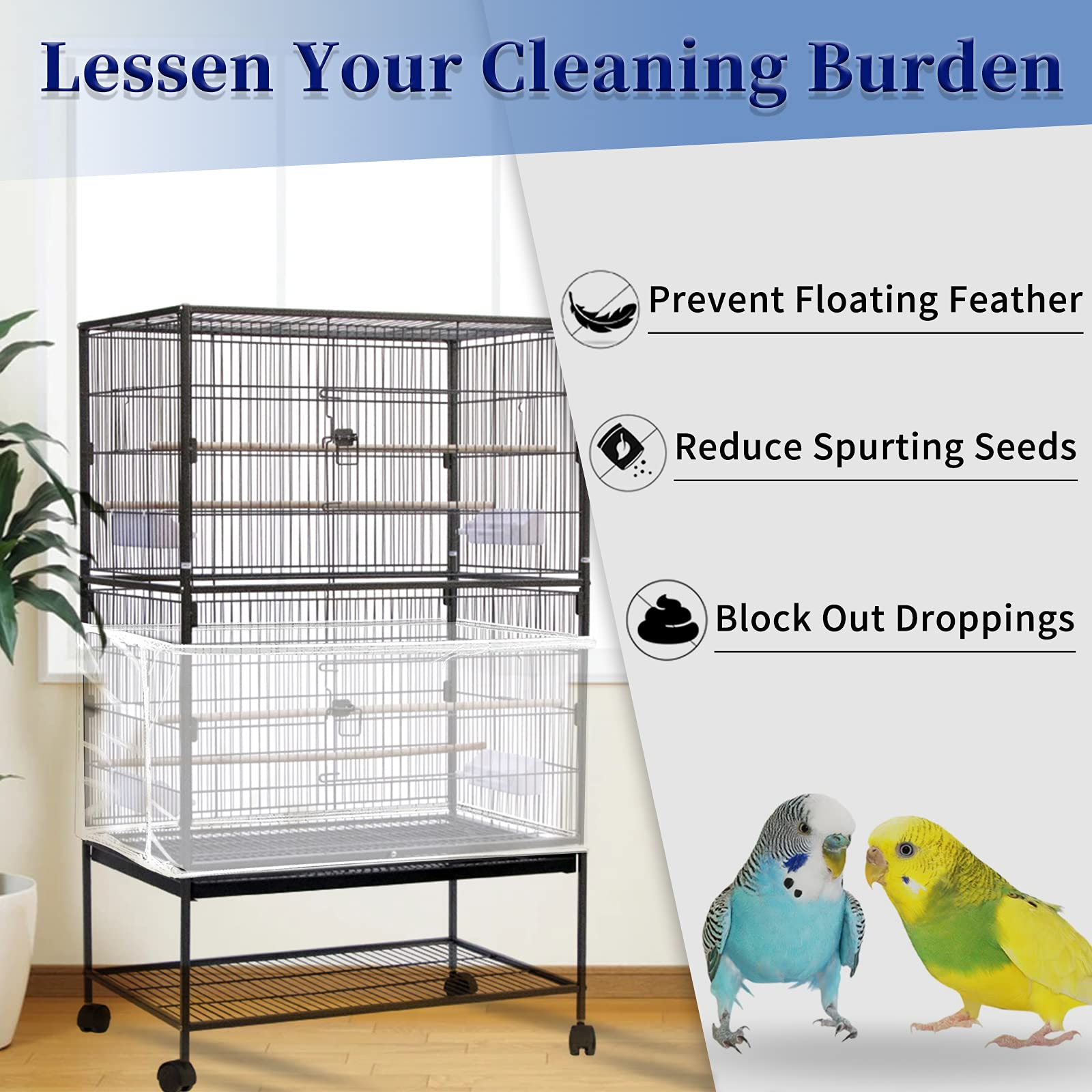 Daoeny Large Bird Cage Cover, Bird Cage Seed Catcher, Adjustable Soft Airy Nylon Mesh Net, Birdcage Cover Skirt Seed Guard For Parrot Parakeet Macaw African Round Square Cages (White)