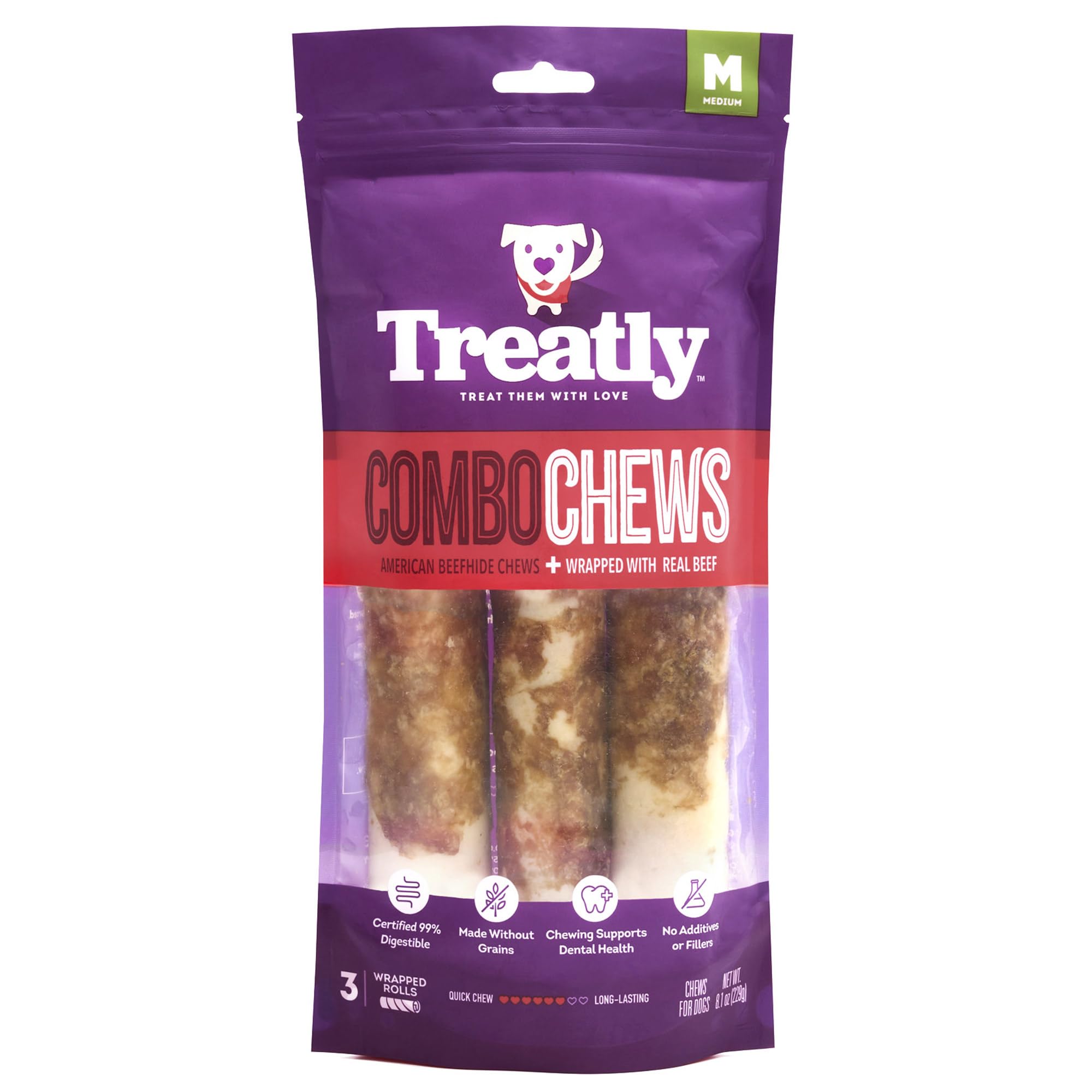 Treatly Combo Chews Beefhide Rolls 7 w/Beef Meat Wrap Dog Chew Treats - 3 Count/1 Pack
