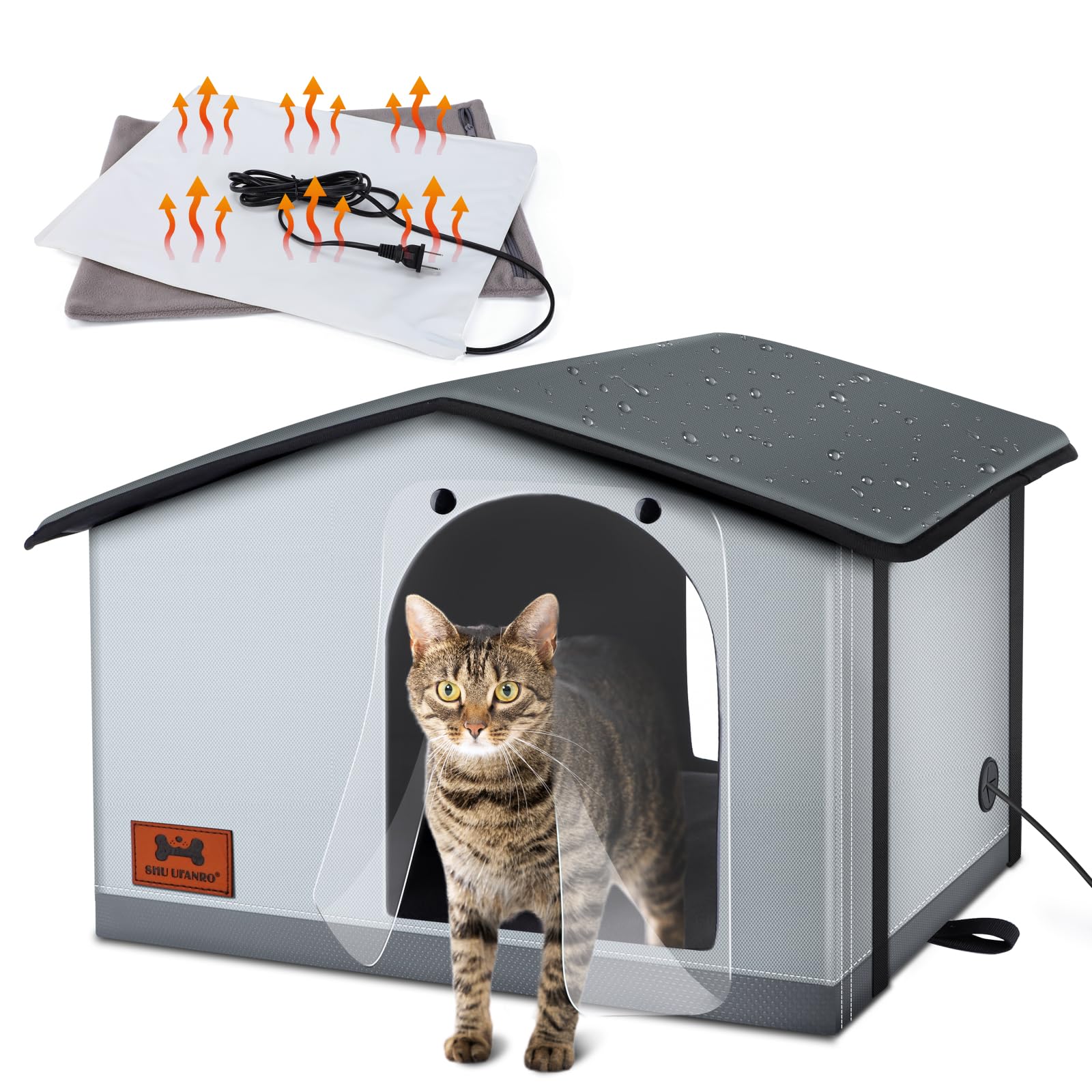 Shu Ufanro Insulated Heated Cat House Indoor/Outdoor, Weatherproof Cat House With Heated Pad For Winter, Outside Shelter For Fer