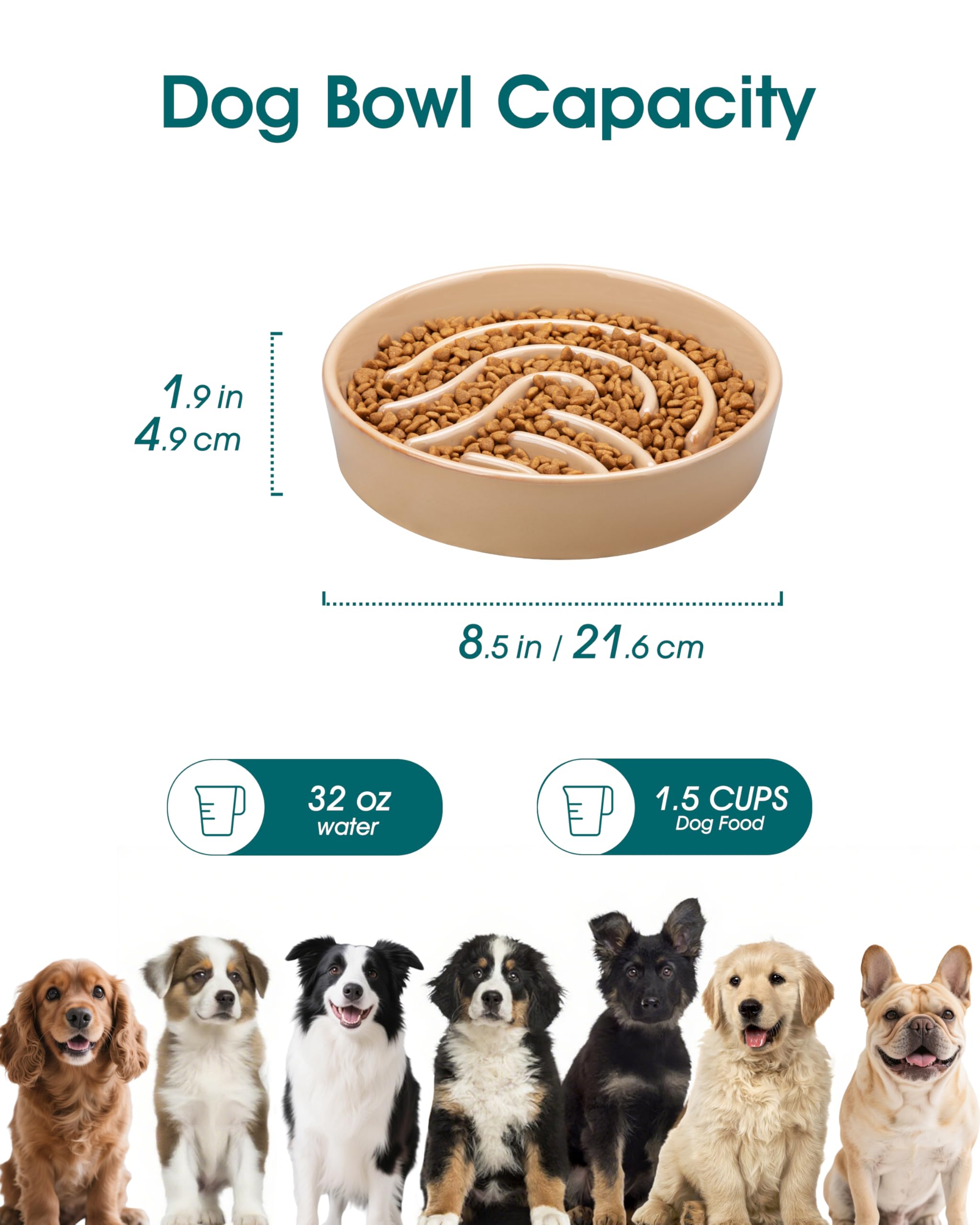 vancasso Ceramic Slow Feeder Dog Bowl, 1.5 Cups, Brown, Puzzle Design for Small/Medium Breeds, Model VC-MSGW-TW-GN-02
