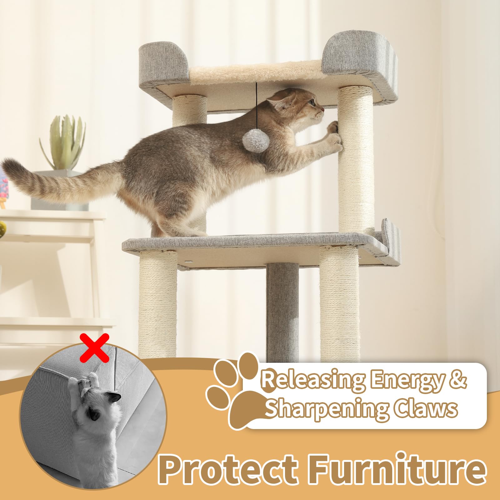 Durable Cat Scratching Post With Bed, Multi-Level 27.56In Cat Tree With Scratching Posts Of Natural Sisal, All-Season Cat Tree F