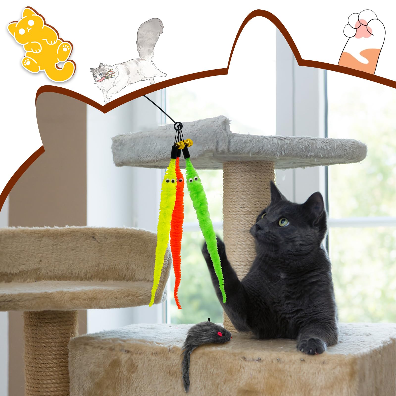 Rosaui 14Pcs Cat Feather Toys Refills Cat Wand Toy Replacement Colorful Worns Attachments, Cat Mouse Toys Refills, Cat Fishing P