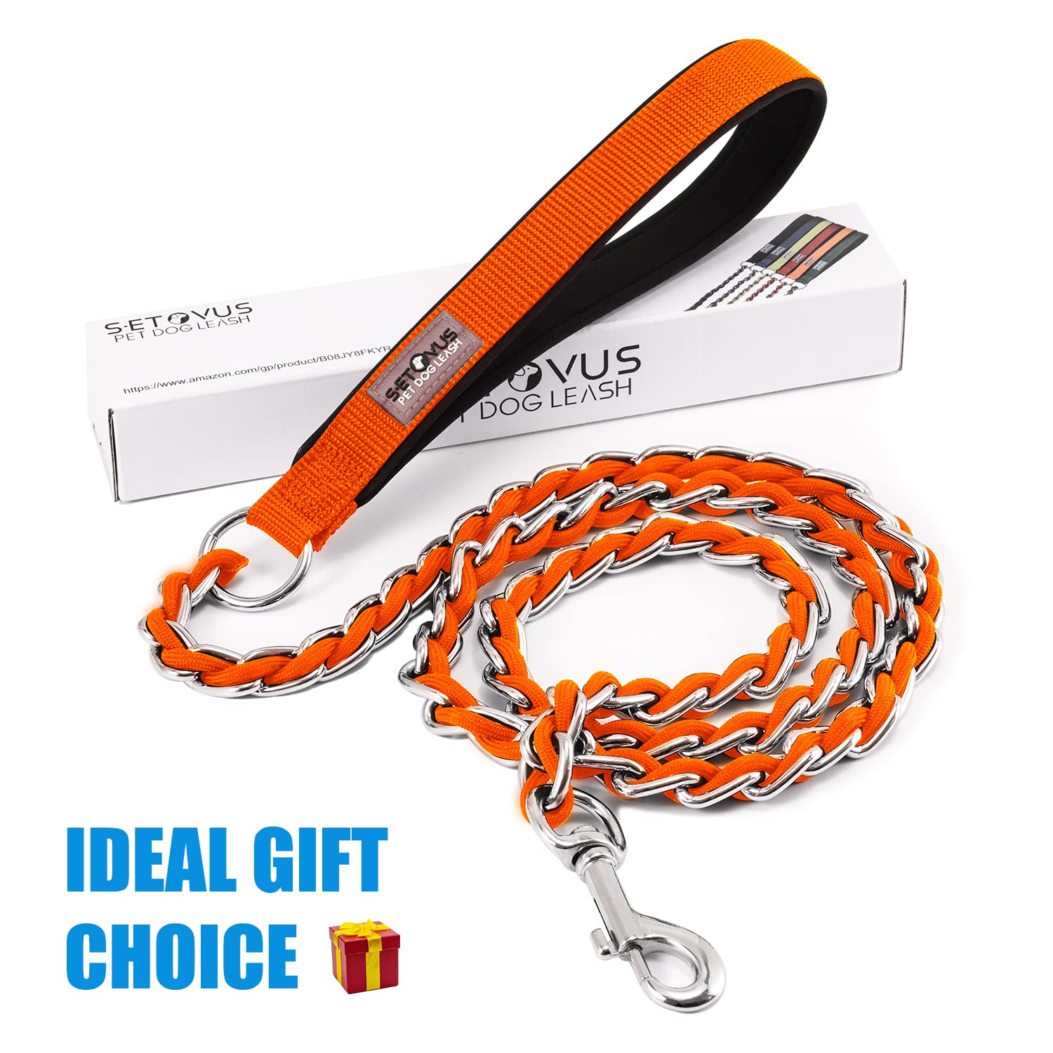 Chain Dog Leash Chew Proof Metal Leash For Medium Large Dogs, Chain Link Dog Leash Anti Chew 4Ft Strong Anti Bite Dog Leash Comfortable Soft Padded Handle Orange 3.0