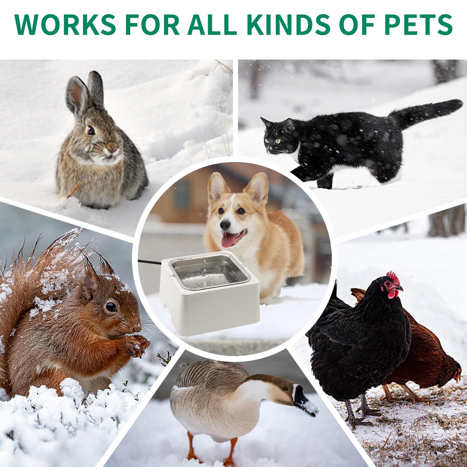 Lucky Farm Heated Water Bowl For Dog & Cat Removable 110Oz/0.85 Gal Stainless Bowl Outdoor Pet Water Dish 100W Electric Powered