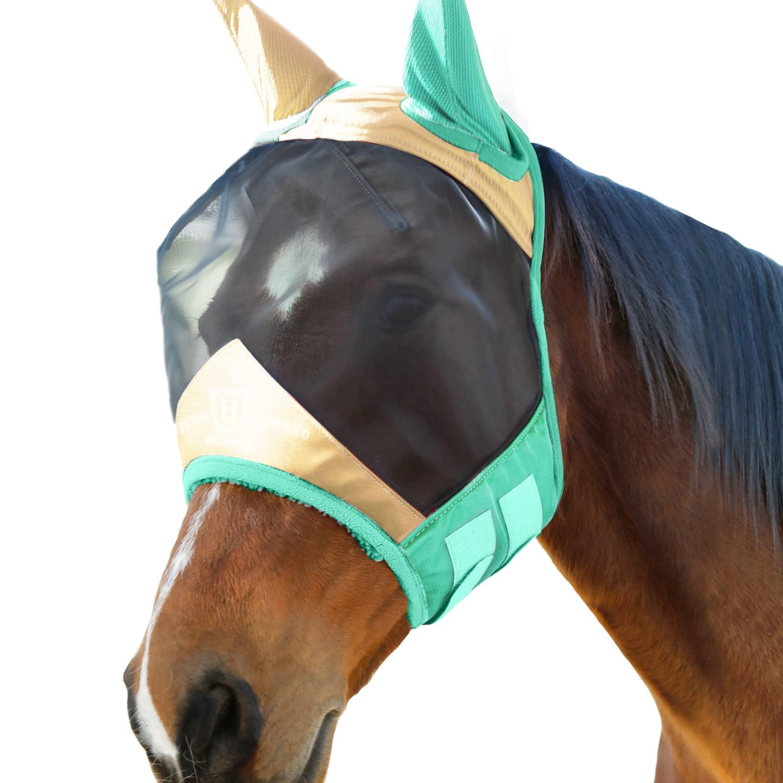Harrison Howard Pro Luminous Horse Fly Mask Standard with Ears UV Protection for Horse Champagne Gold/Mint Large Full Size