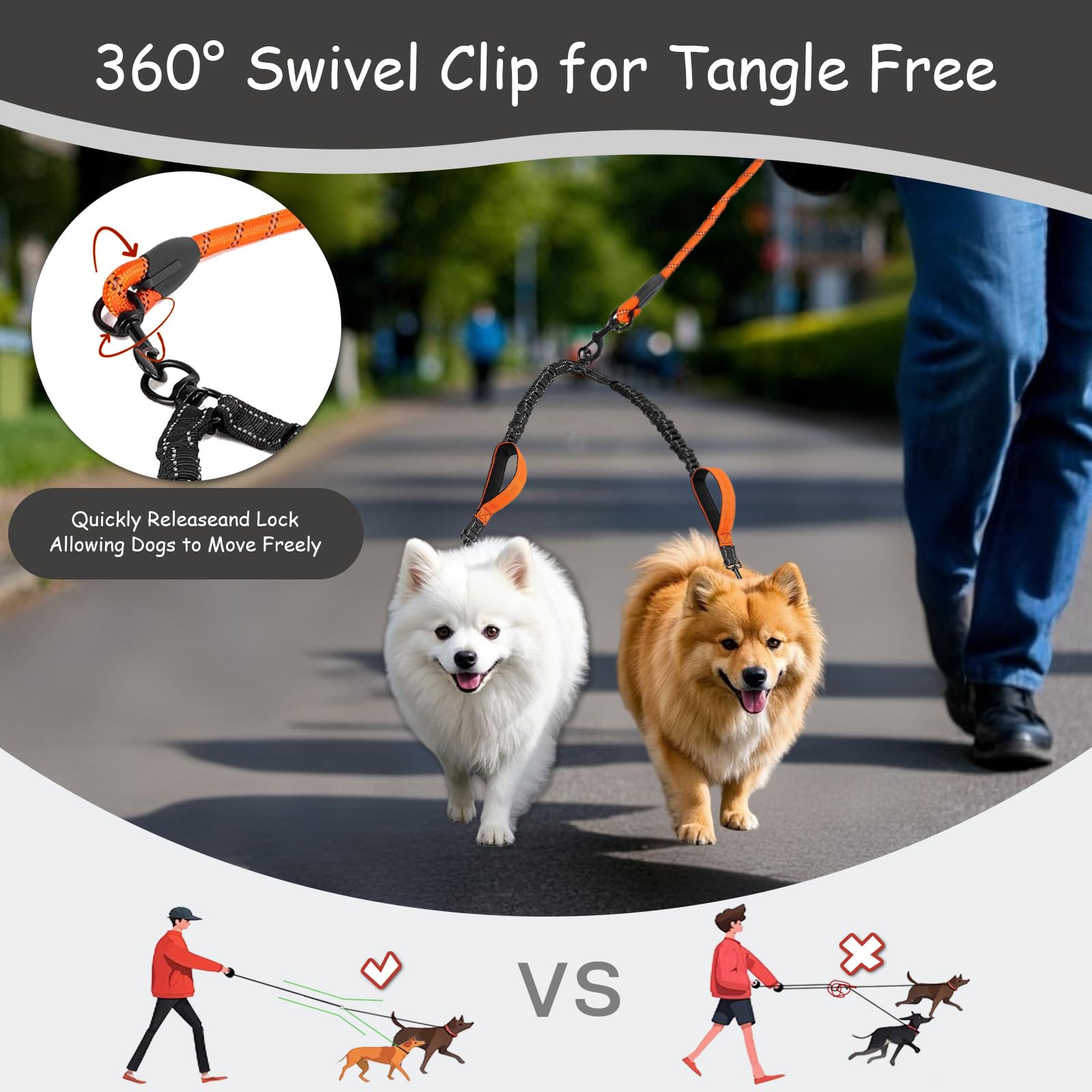 Leosasa Double Dogs Leash - Removable Main Lead Rope With Splitter, No Tangle 2 Dog Coupler, Reflective No Pull Bungee, 3 Handle