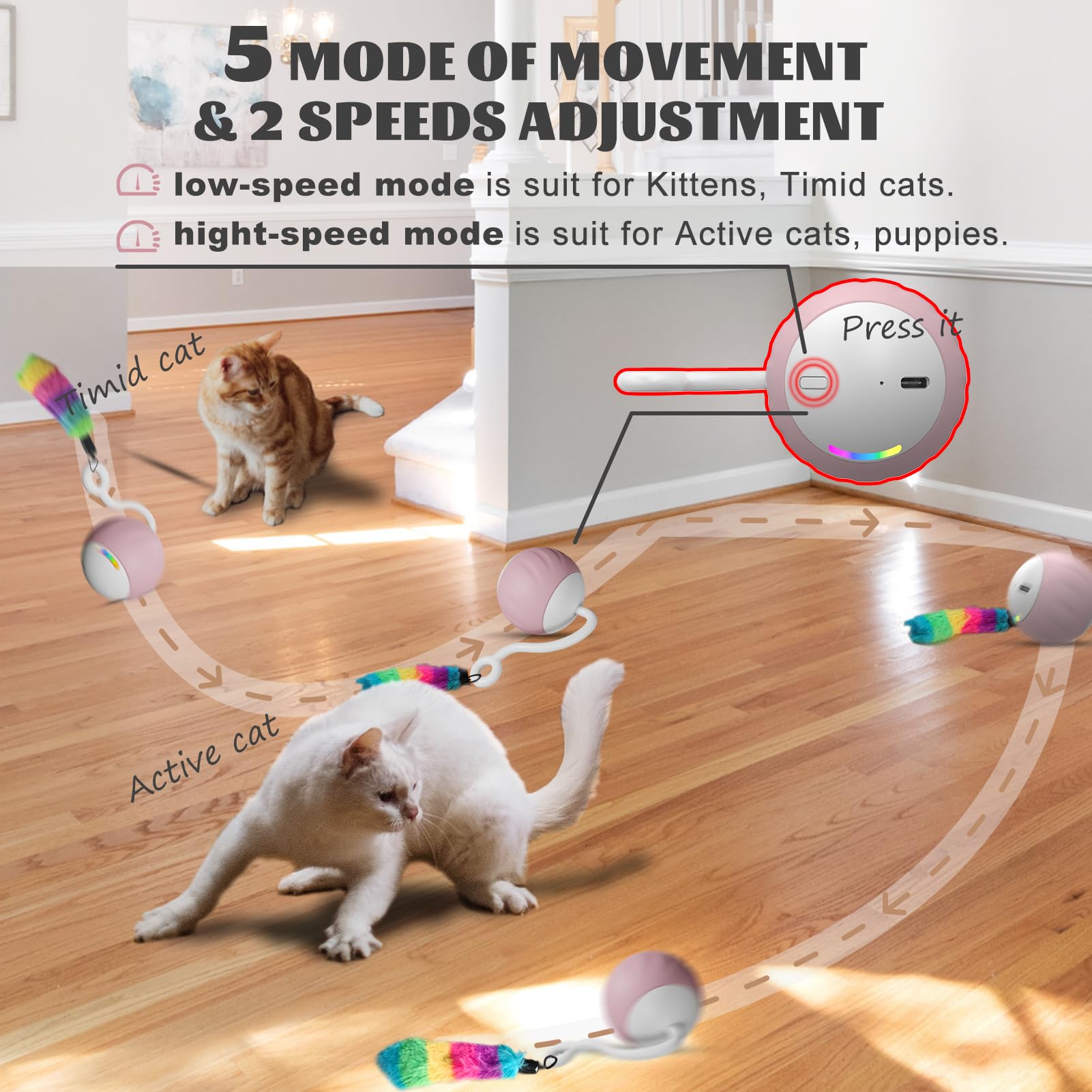 Wakhjakt Cat Toy, Interactive Cat Toys For Indoor Cats, Diy 5 In 1 Automatic Moving Cat Ball Toys/Puppies Toys With Led Rainbow