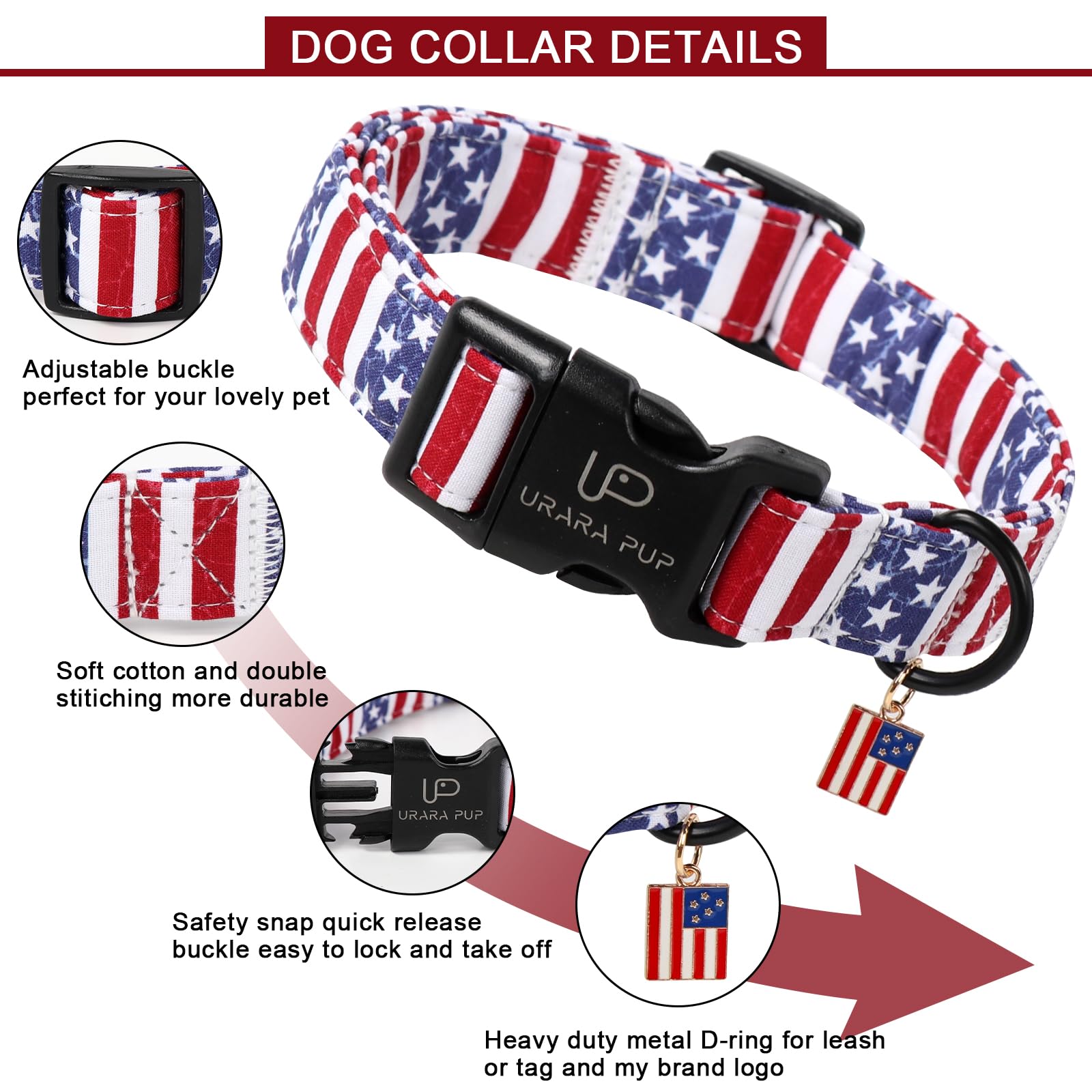 Up Urara Pup Flag Dog Collar, 4Th Of July Comfortable Cotton Dog Collars, American Flag Collar For Medium Girl Boy Dogs, Patriot