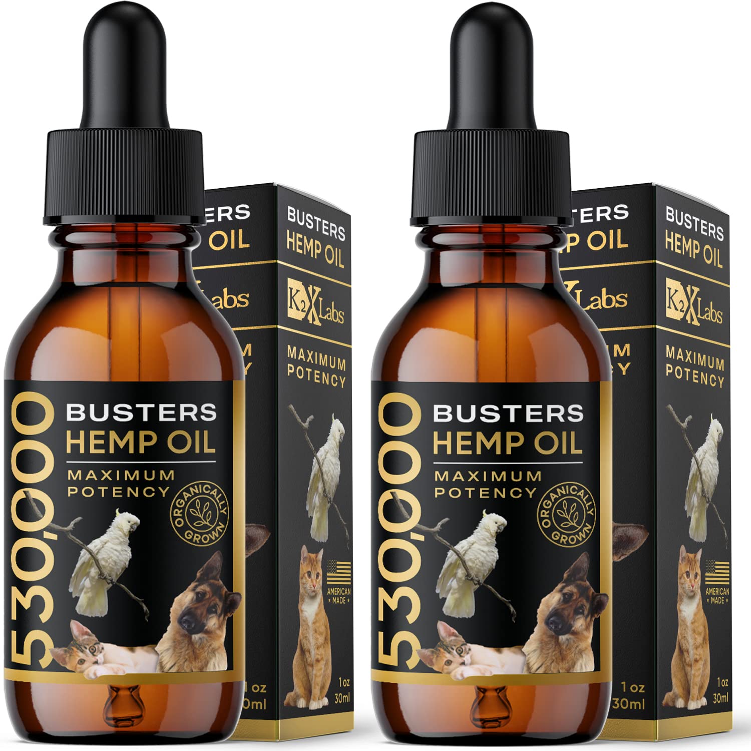 K2xLabs Busters Organic Hemp Oil 530,000 2pack 2month Supply for Dogs and Cats Max Potency Made in USA Omega Rich 3 6 and 9 Hip 
