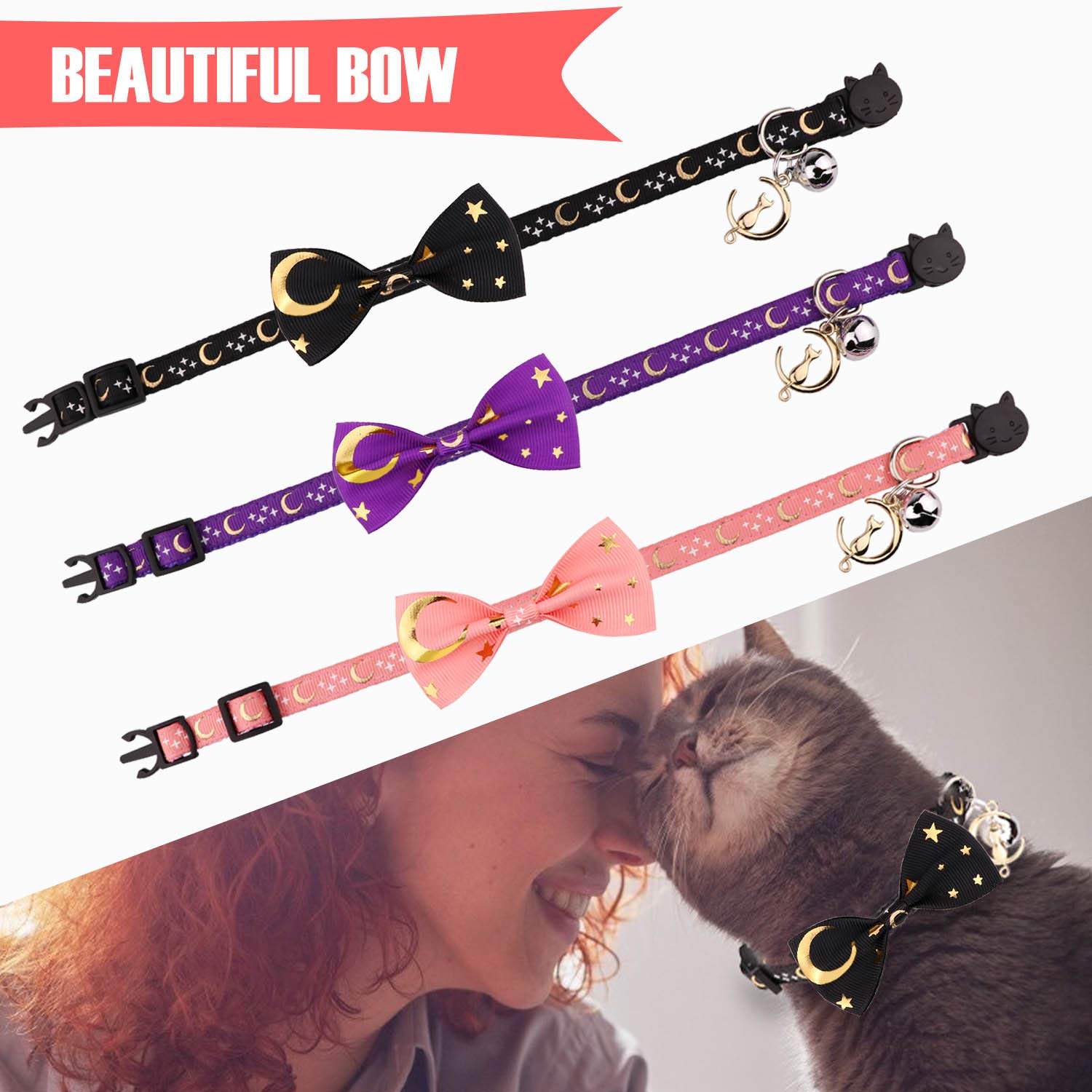 2 Pcs Breakaway Cat Collar With Bow Tie And Bell Golden Moon Glowing Star In The Dark For Kitten(Black&Pink)