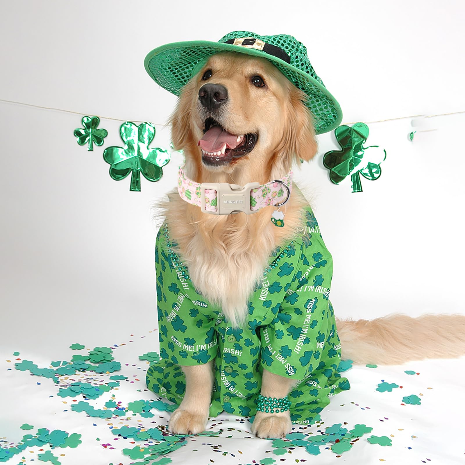 Aring Pet St Patrick'S Day Dog Collar-Cute Pink Clovers Dog Collars, Adjustable Shamrock Pet Collars Trefoil Puppy Collar With Q