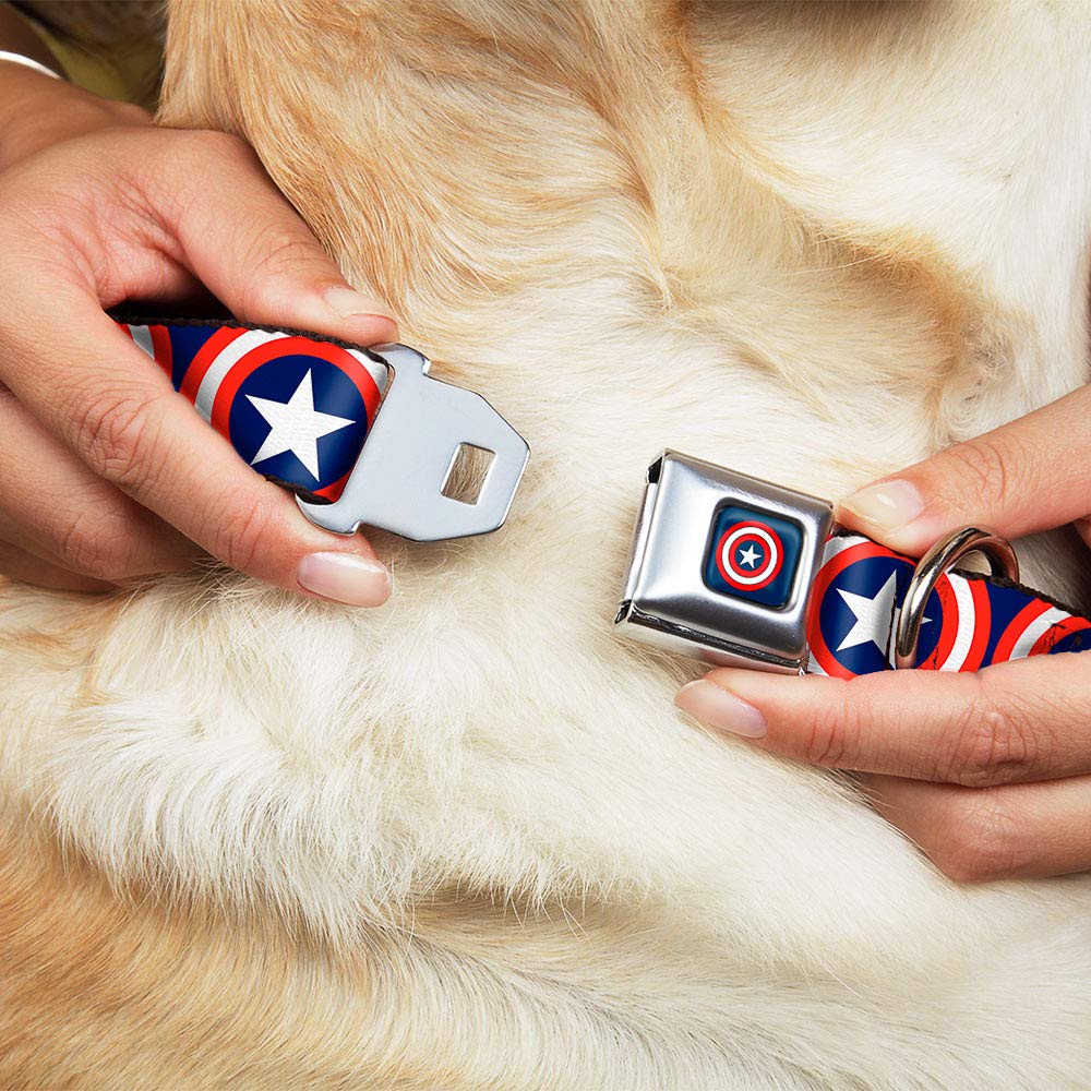 Buckle-Down Seatbelt Buckle Dog Collar - Captain America Shield Repeat Navy - 1' Wide - Fits 11-17' Neck - Medium