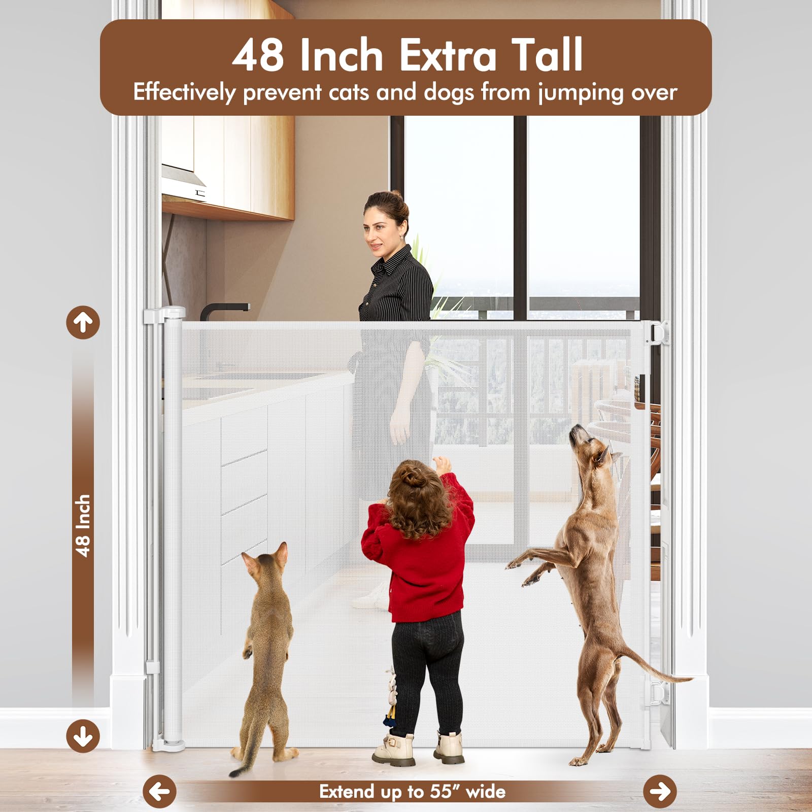 48 Inch Extra Tall Retractable Baby Gates, Extends to 55'' Wide, Extra Tall Dog Gate for Doorways Indoor Tall Mesh Gate Extra Ta