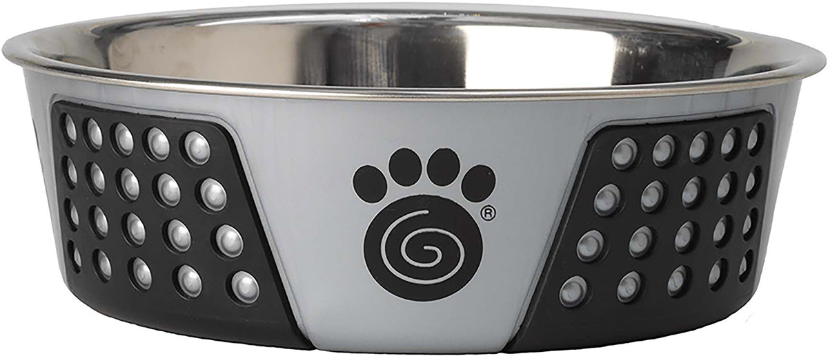 Petrageous 13099 Fiji Stainless Steel Non-Slip Dishwasher-Safe Dog Bowl 6.5-Cup Capacity 8.5-Inch Diameter 2.75-Inch Tall For Large And Extra Large Dogs, Light Grey And Black