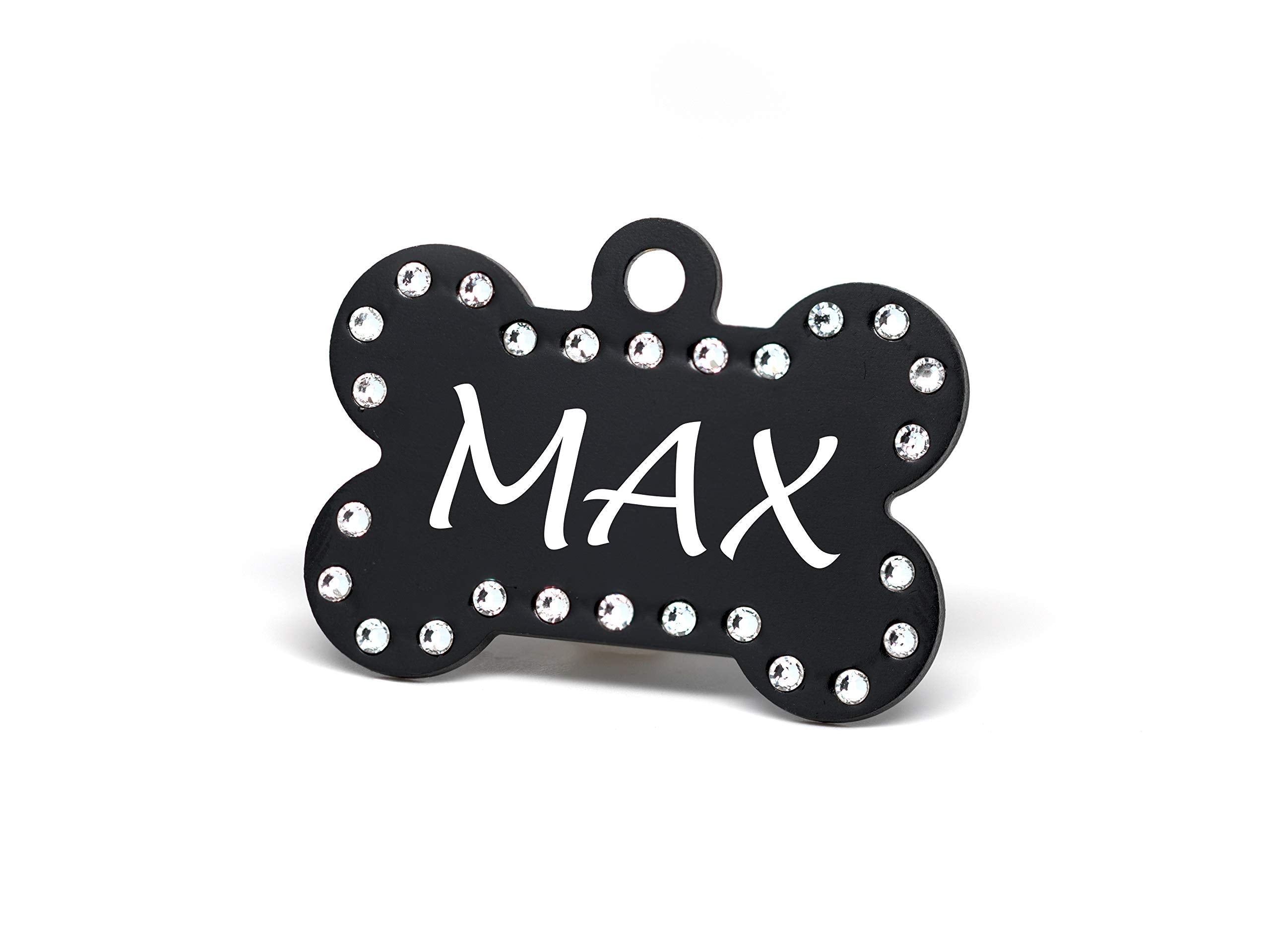 Custom Engraved Pet Id Tags With Swarovski Crystal - 1.5' Long X 1' Tall, Anodized Aluminum, Bone Shape, Black