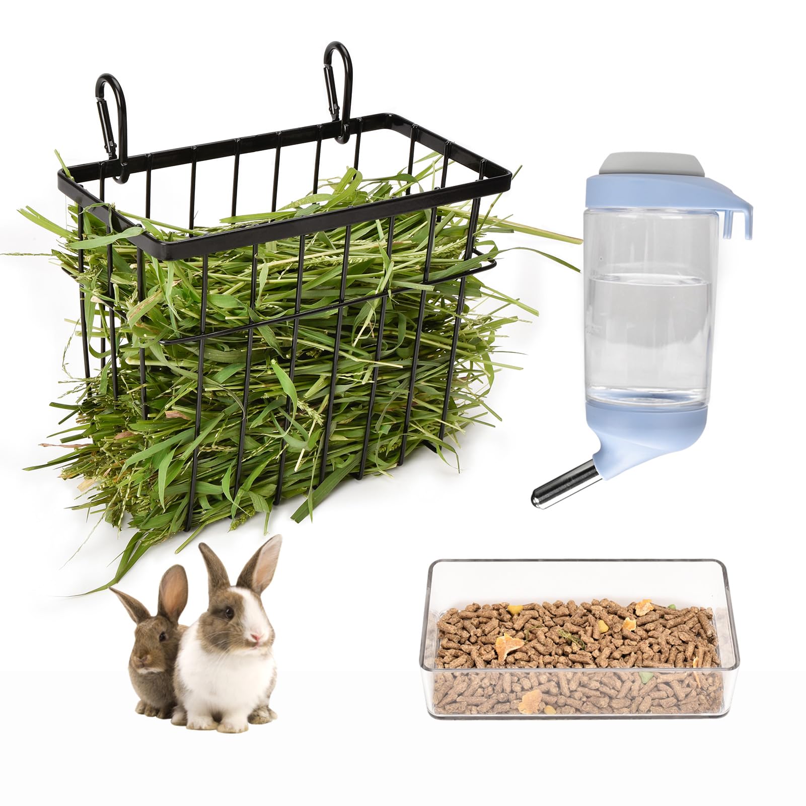 SANGLE SOPFFY Rabbit hay Feeder Small Animal Feeding Set with 350ml Water Bottle, Hay Rack, Pellet Dish for Guinea Pigs, Chinchi