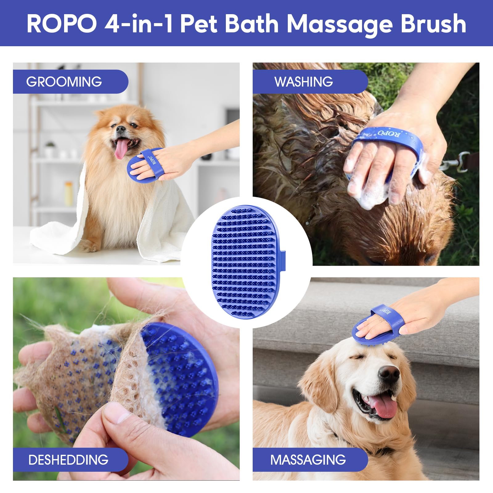 Dog Bath Brush, Ropo Rubber Massage Pet Shampoo Brush, Used For Pet Grooming, Removing Shedding Fur, Combing Tangles And Dead Fur, Suitable For Pet Dogs And Cats (Blue)