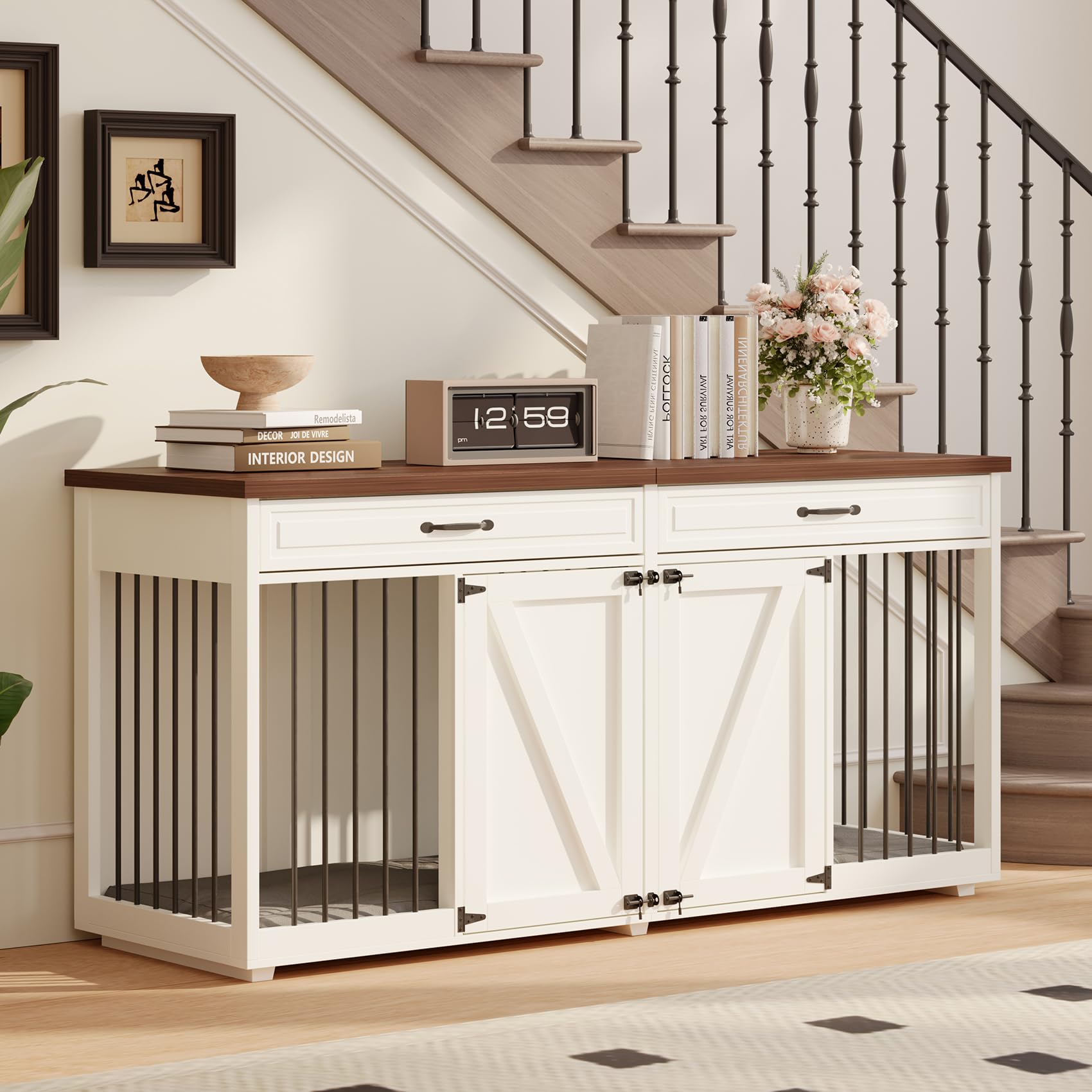 Furniture Style Dog Crate - Indoor Wooden Dog Kennel Furniture with 2 Drawers & Room Divider - 72 L x 23.6 W x 34 H - White