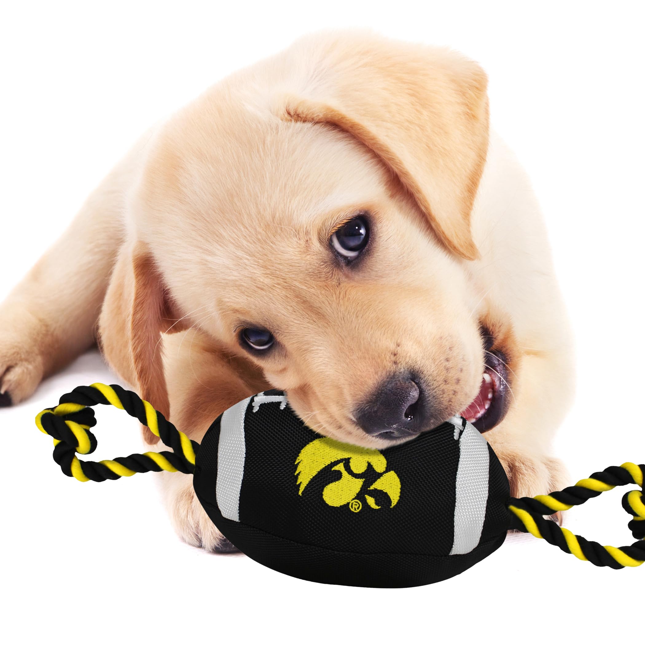 Pets First NCAA Iowa Hawkeyes Football Dog Toy, Tough Quality Nylon Materials, Strong Pull Ropes, Inner Squeaker, Collegiate Tea