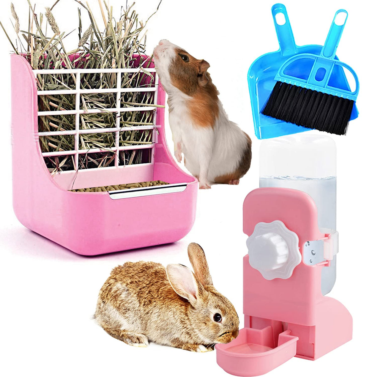 Hercocci Rabbit Hay Food Bin Feeder And Bunny Water Bottle Set, Hay Food Feeder Bowls Manger Rack With 500Ml Hanging Water Dispenser Prevent Knock Over For Rabbit Guinea Pig Chinchilla (Large, Pink)