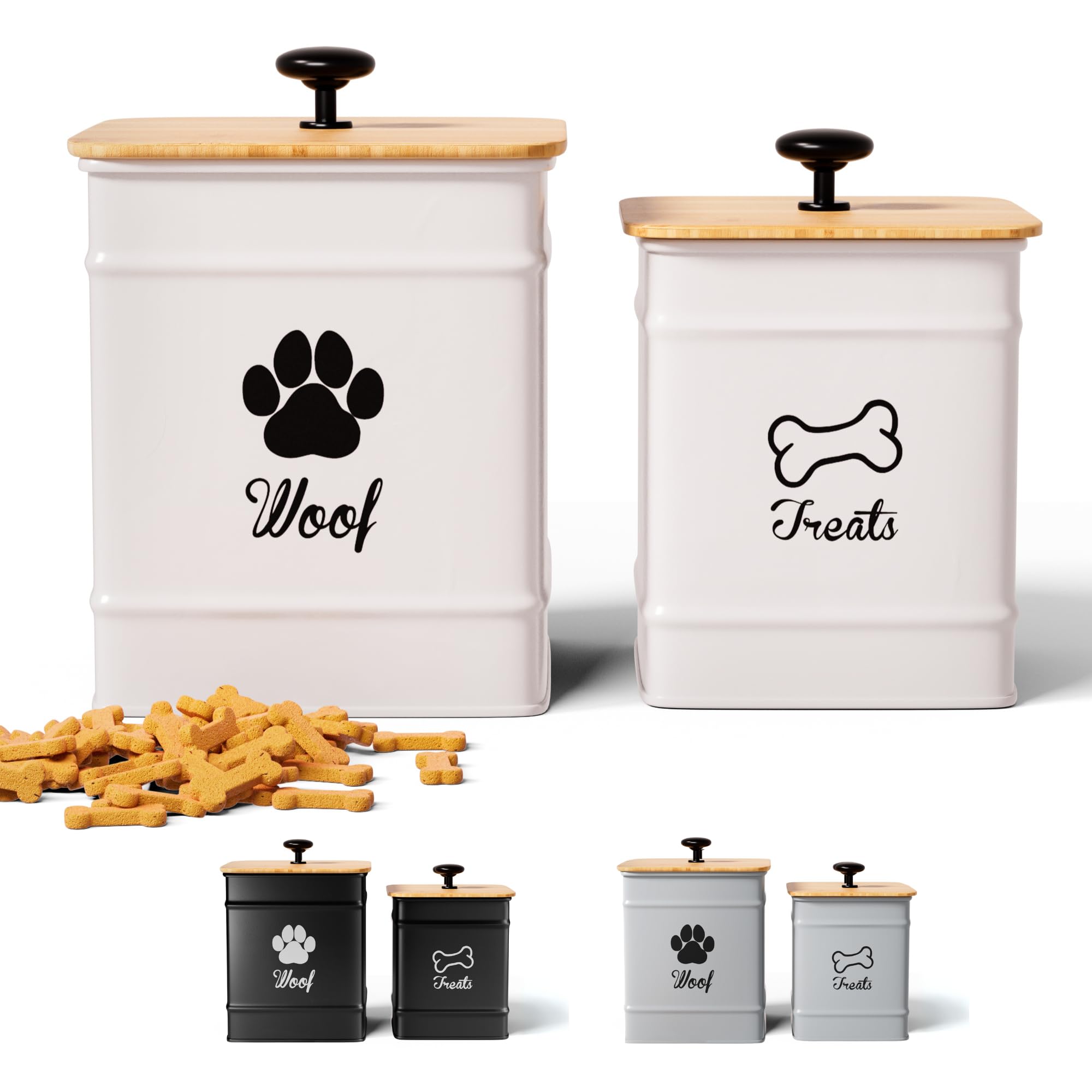 Dog Treat Container Airtight Set of 2 - 8x6 & 7x5 inch Iron Dog Treat Jars for Kitchen Counter with Airtight Bamboo Lids - 20 Cu