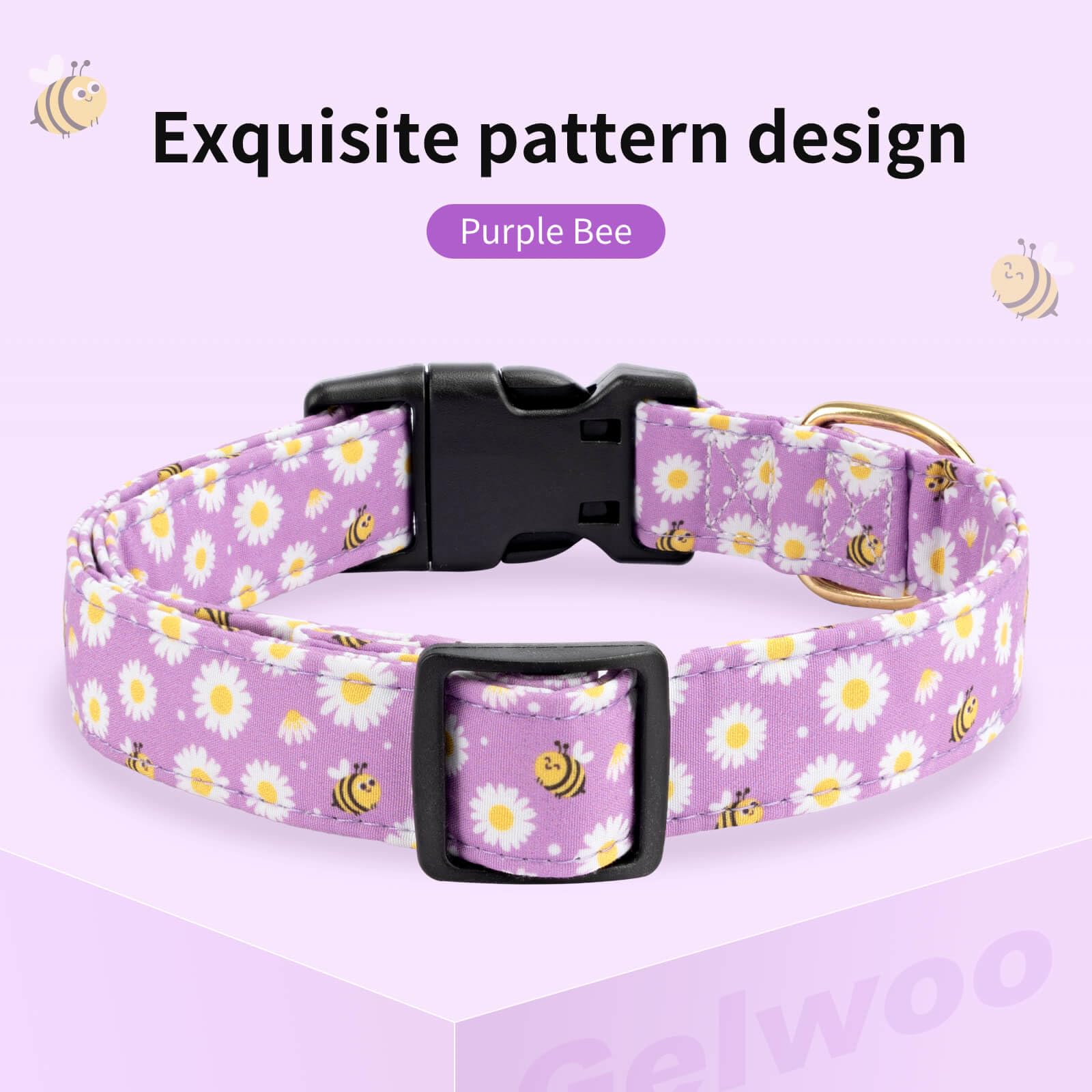 Gelwoo Cotton Dog Collar,Soft and Cute Puppy Collars with Bee Patterned Design for Girl Female Boy Dogs,Adjustable Buckle Pet Co