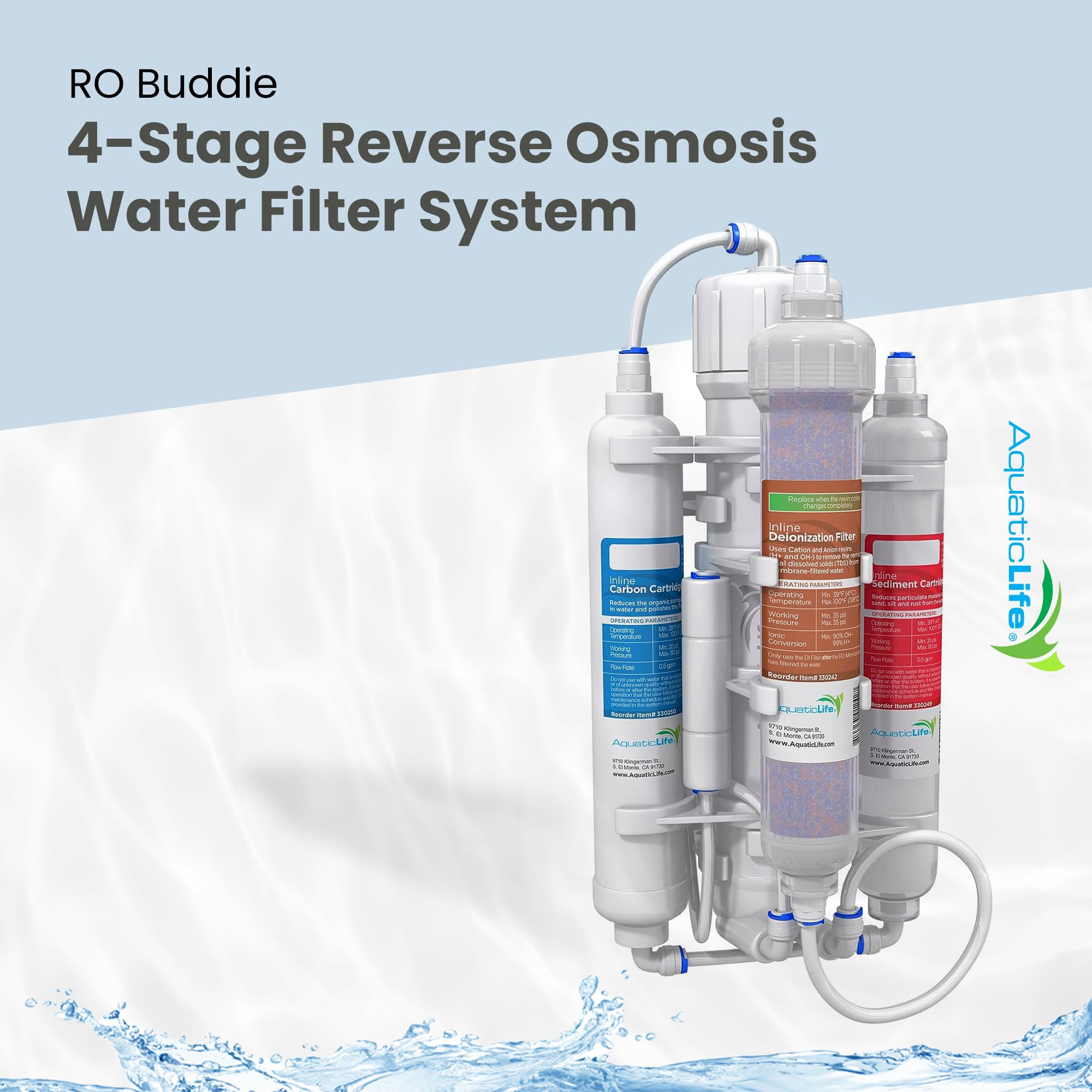 Aquatic Life RO Buddie 4-Stage Reverse Osmosis Deionization Water Filter System RO/DI Filtration Units for Aquarium, 50 GPD