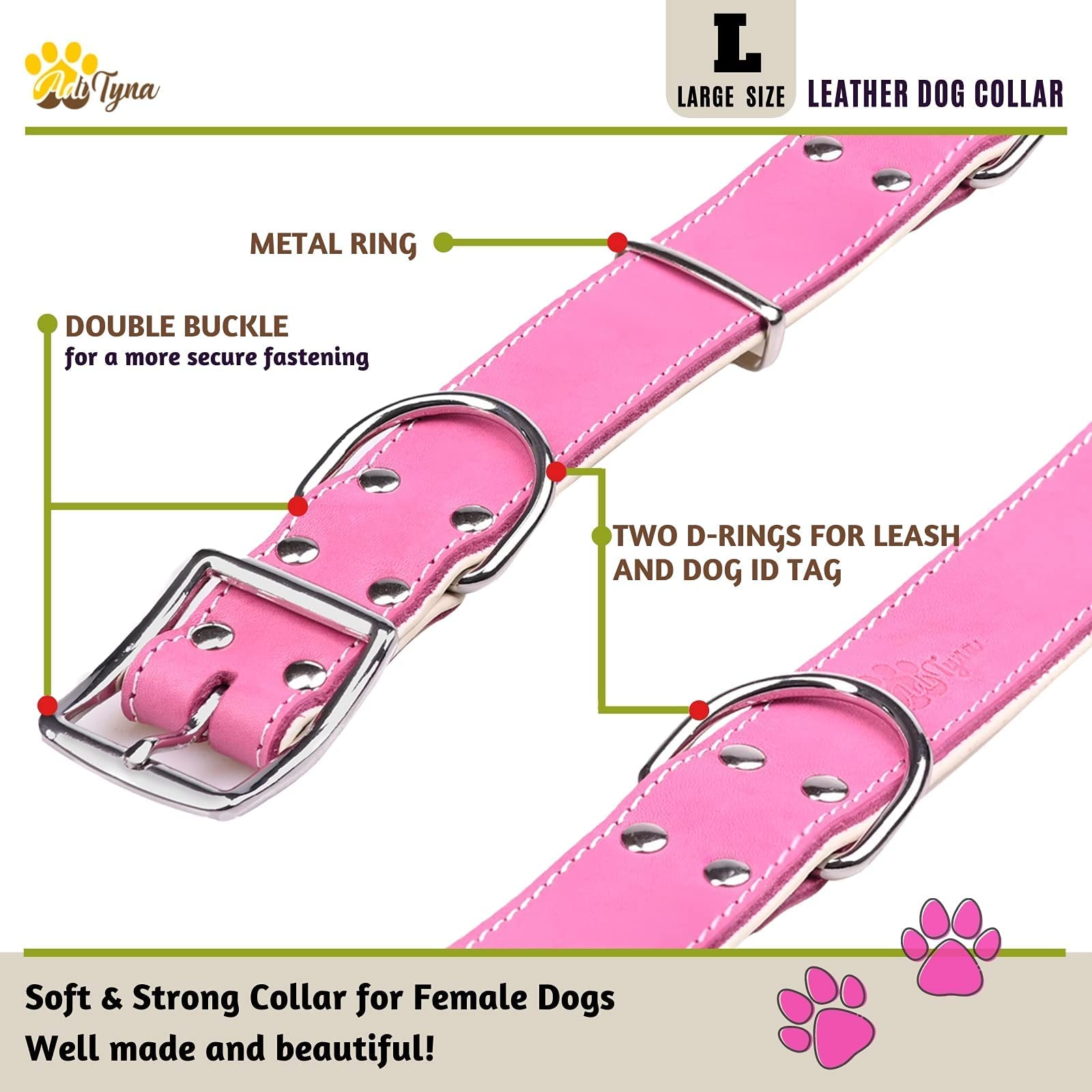 Adityna Heavy Duty Real Leather Dog Collar For Large Dogs - Pink Large Dog Collar - Soft And Strong Thick Dog Collar With Double Metal Buckle