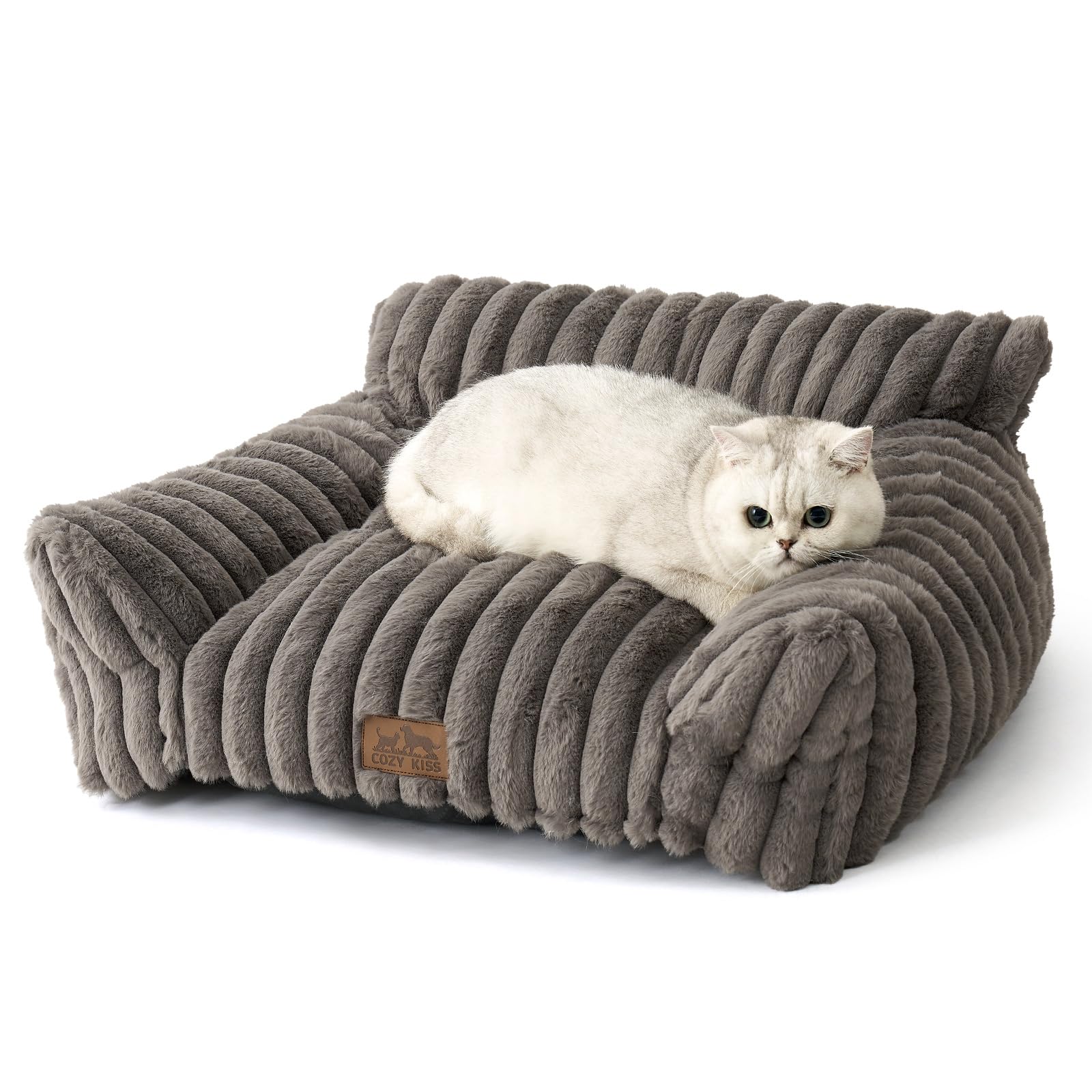 COZY KISS Cute Cat Couch, Premium Plush Faux Fur Pet Couch Bed, Ultra-Soft Pet Furniture for Cats & Small Dogs (Grey, S: 25.5x