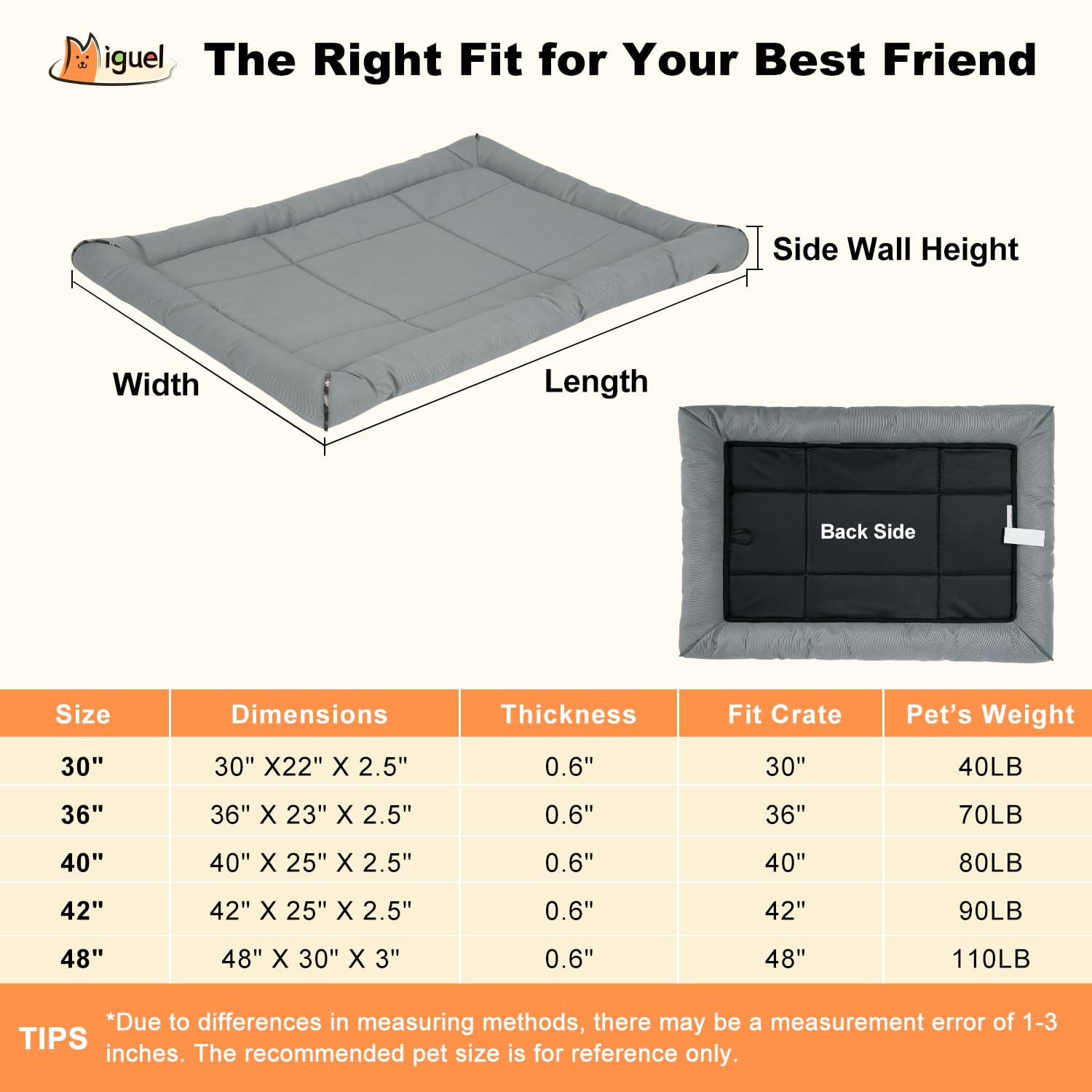 Miguel Outdoor Waterproof Dog Bed For Metal Dog Crates Water-Resistant Ripstop Oxford All Weather Pet Mat Durable Easy Wipe Clean Travel Indoor Outdoor Puppy Bed(42Inch Dog Crate,Gray)