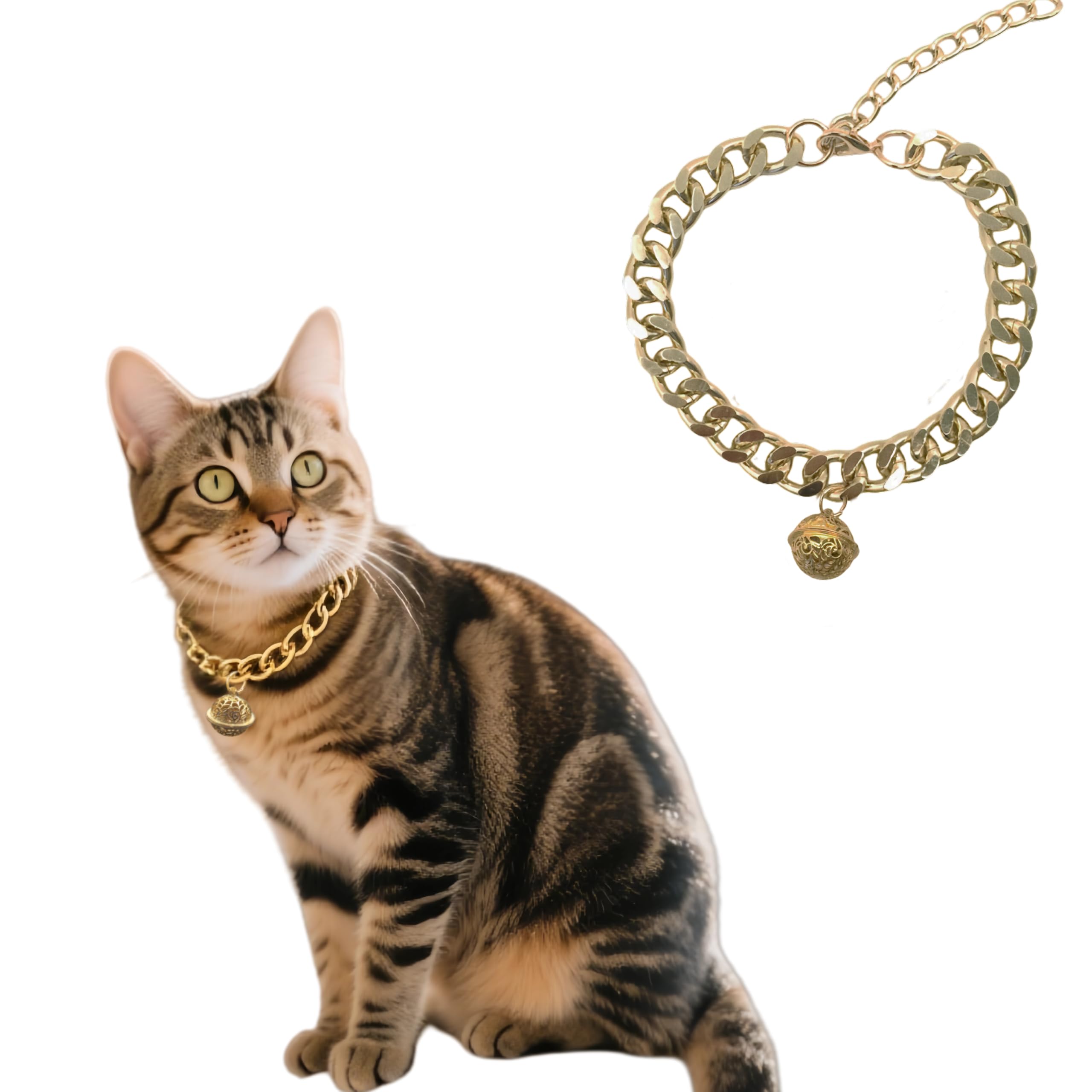 Cwyza Gold Cat Chain Collar With Bell - Lightweight Metal Collar For Gifts, Adjustable Cuban Jewelry For Cats & Dogs (Gold, M)