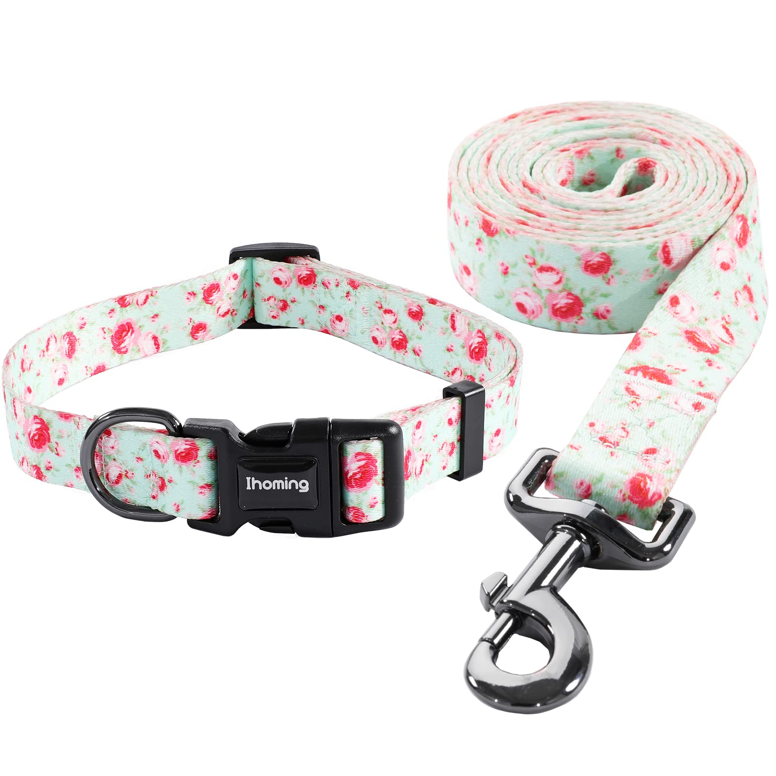 Ihoming Dog Collar And Leash Set For Daily Outdoor Walking Running Training, Floral Greenlake Design For Medium Boys Girls Dogs 