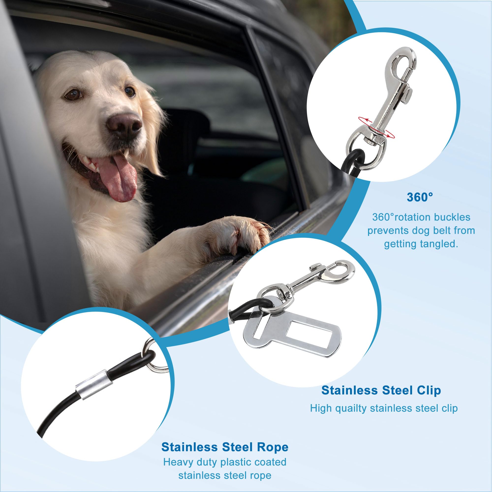 Mogoko Chew Proof Dog Car Seatbelt Safety Restraint Pet No-Chew Tether Cable Stainless Steel Dog Leash Vehicle Seat Belt Strap With Double Clip And Latch Attachment (L Size,40 Inch)