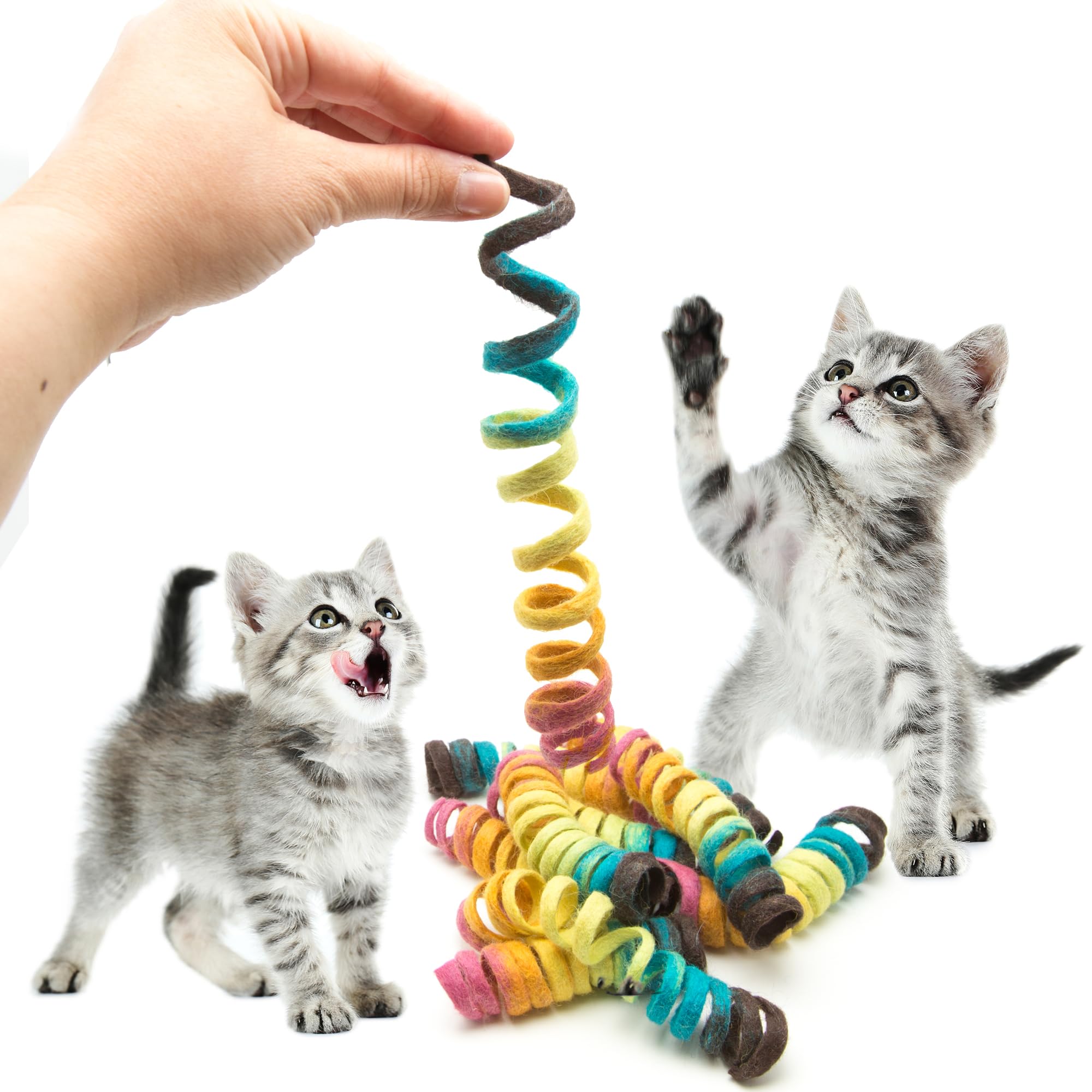 Glaciart One Felt Mini Spring Cat Toy - 10 Pcs Soft Fuzzy Enrichment 100% Natural Wool - Interactive Stretchable Play Cat Toy Se
