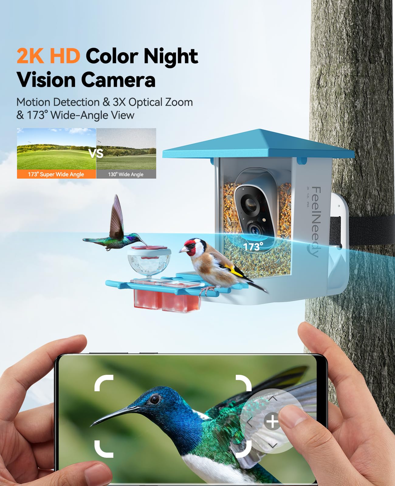 FEELNEEDY Smart Bird Feeder with Camera,Solar-Powered 2K HD Bird Watching Camera,3X Zoom & 173 View,AI Identify,Motion Alerts,IP