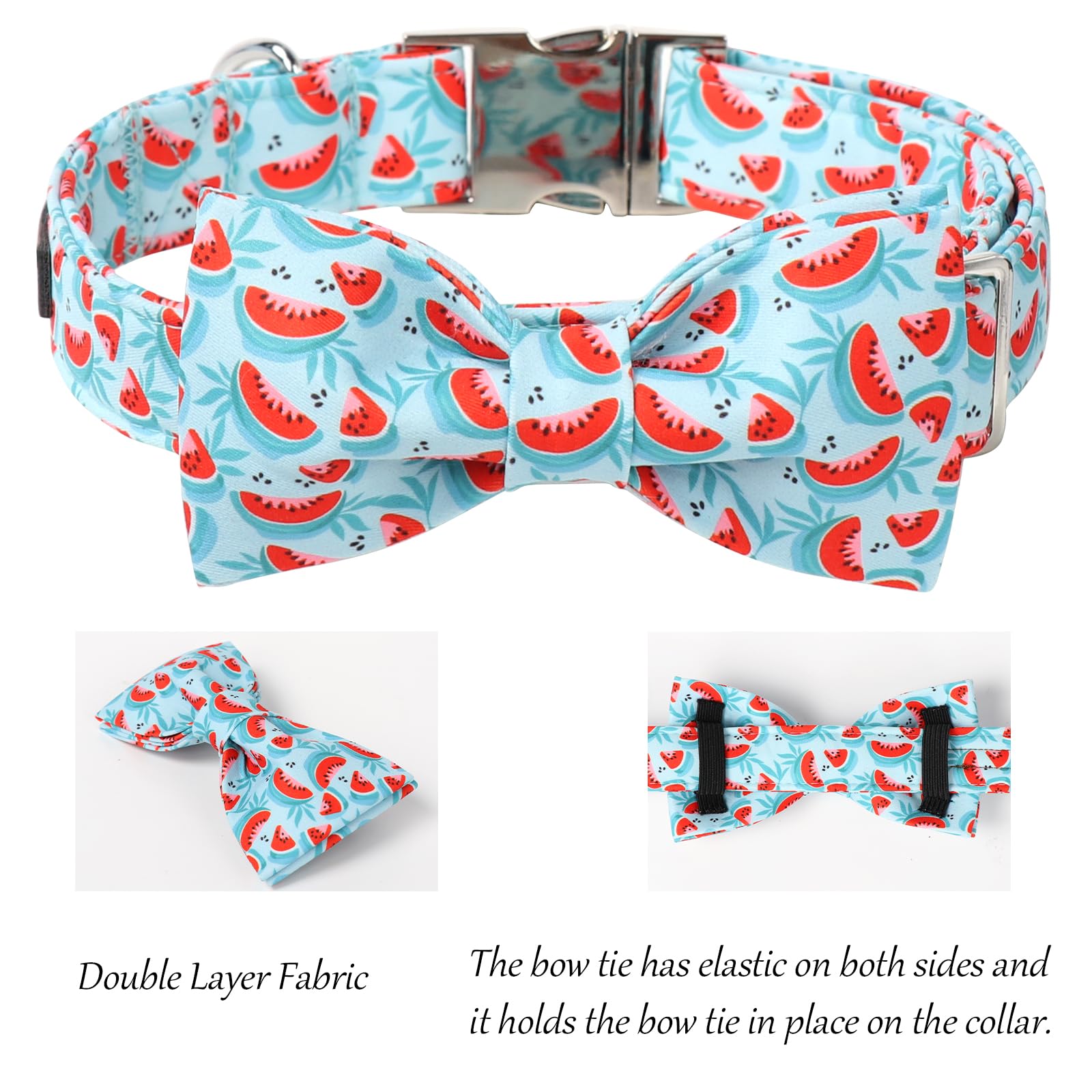 Lionet Paws Watermelon Dog Collar With Bowtie, Cute Summer Cyan Dog Collar For Girl For Medium Dogs, Adjustable Cotton Pet Colla