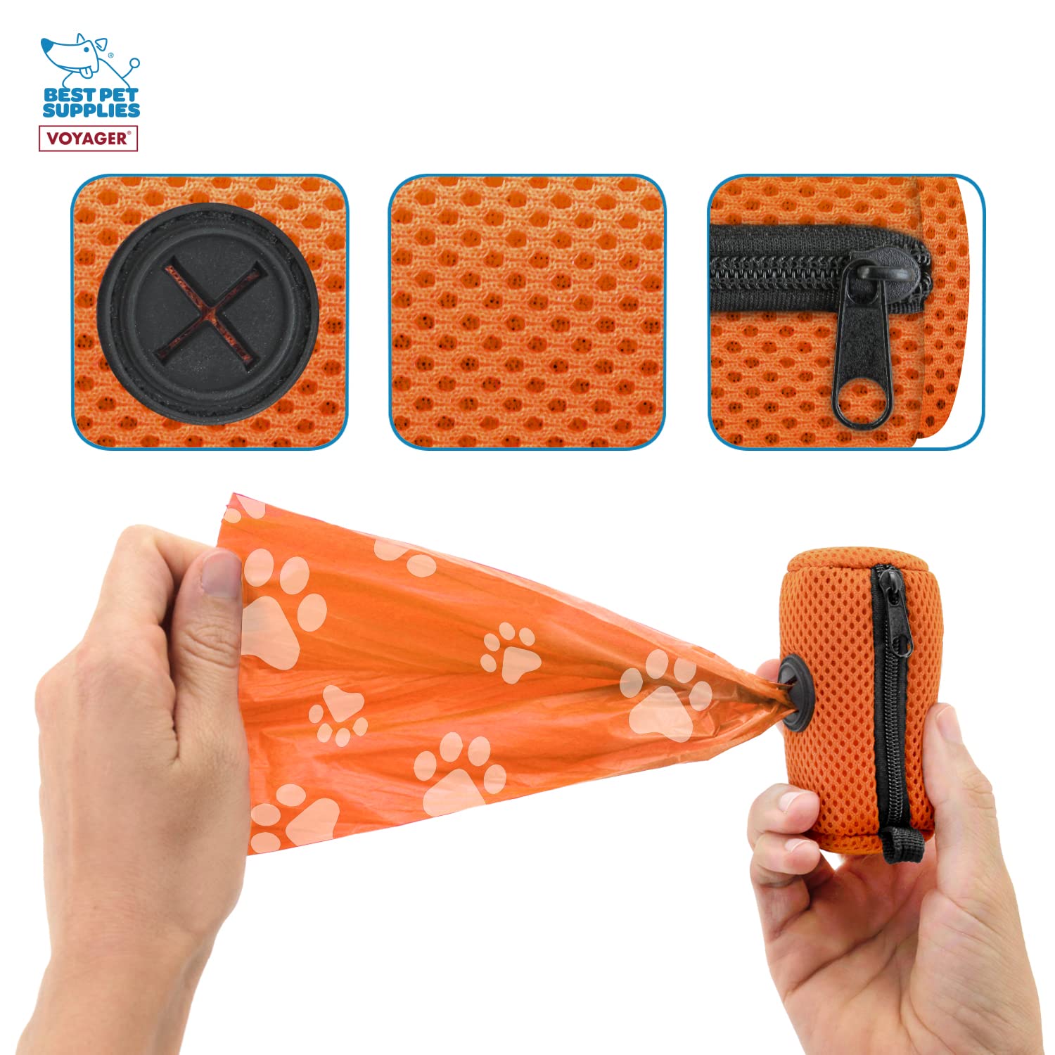 Best Pet Supplies Dog Poop Bag Holder Leash Attachment With 15 Bags, Orange, Reusable Mesh Dispenser Pouch For Travel, Walking,